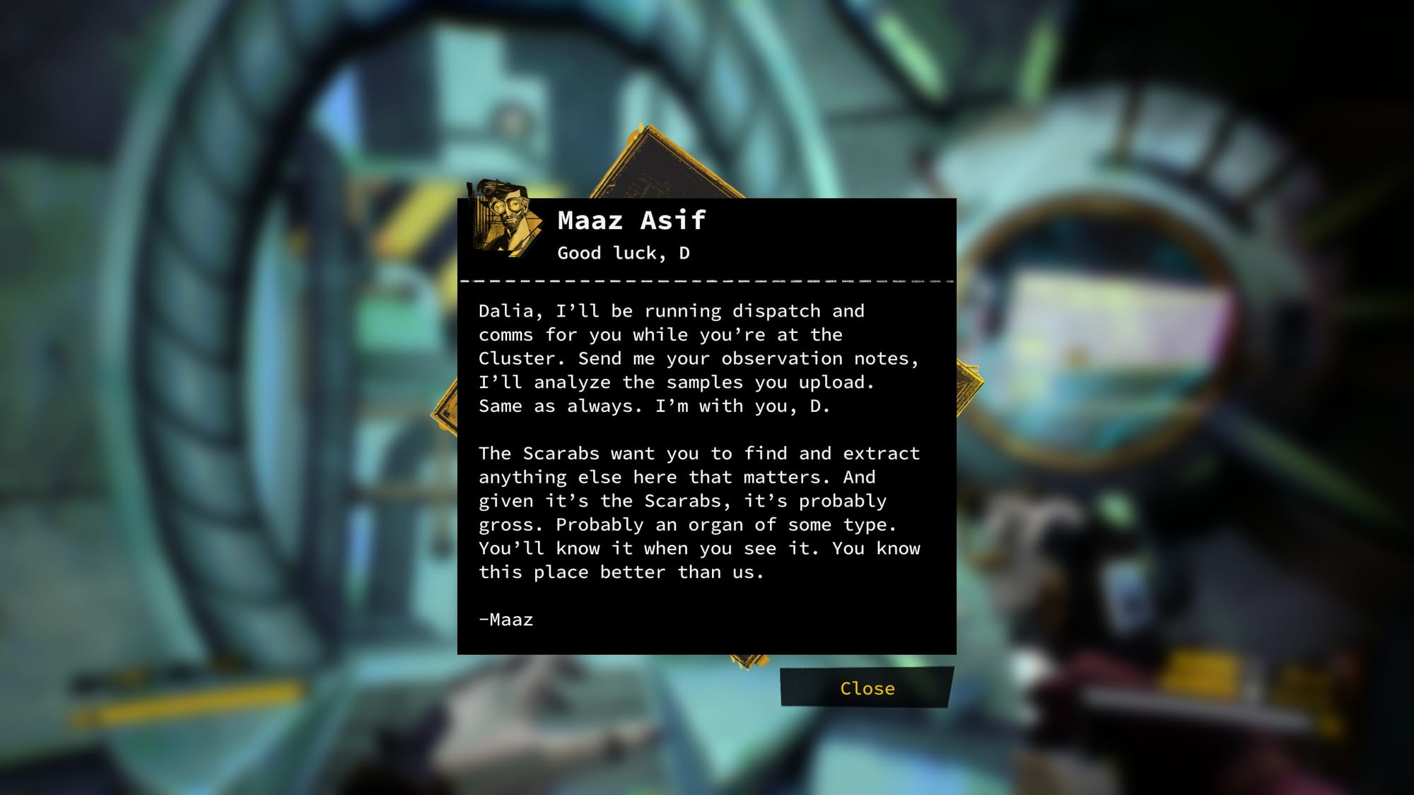 A note from Maaz to Dalia, white text on a black background, whotells Dalia the mission is to extract fungi examples.