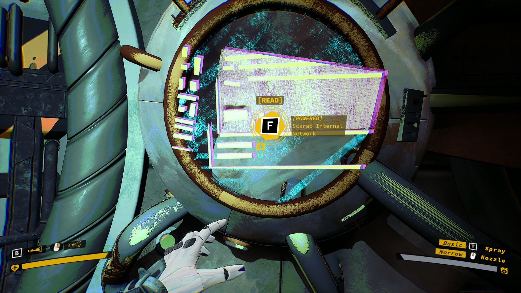Interaction menu with yellow text on a yellow background asking the player if they'd like to read the Scarab Internal Network.