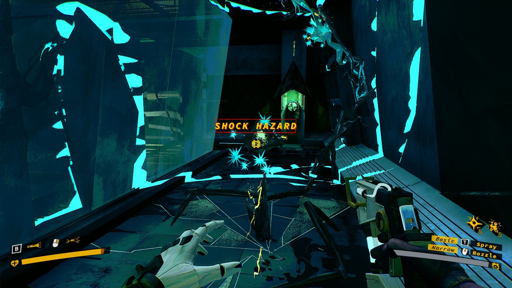Gameplay where Dalia gets too close to blue electrical fungi with a Shock Hazard warning popping up.