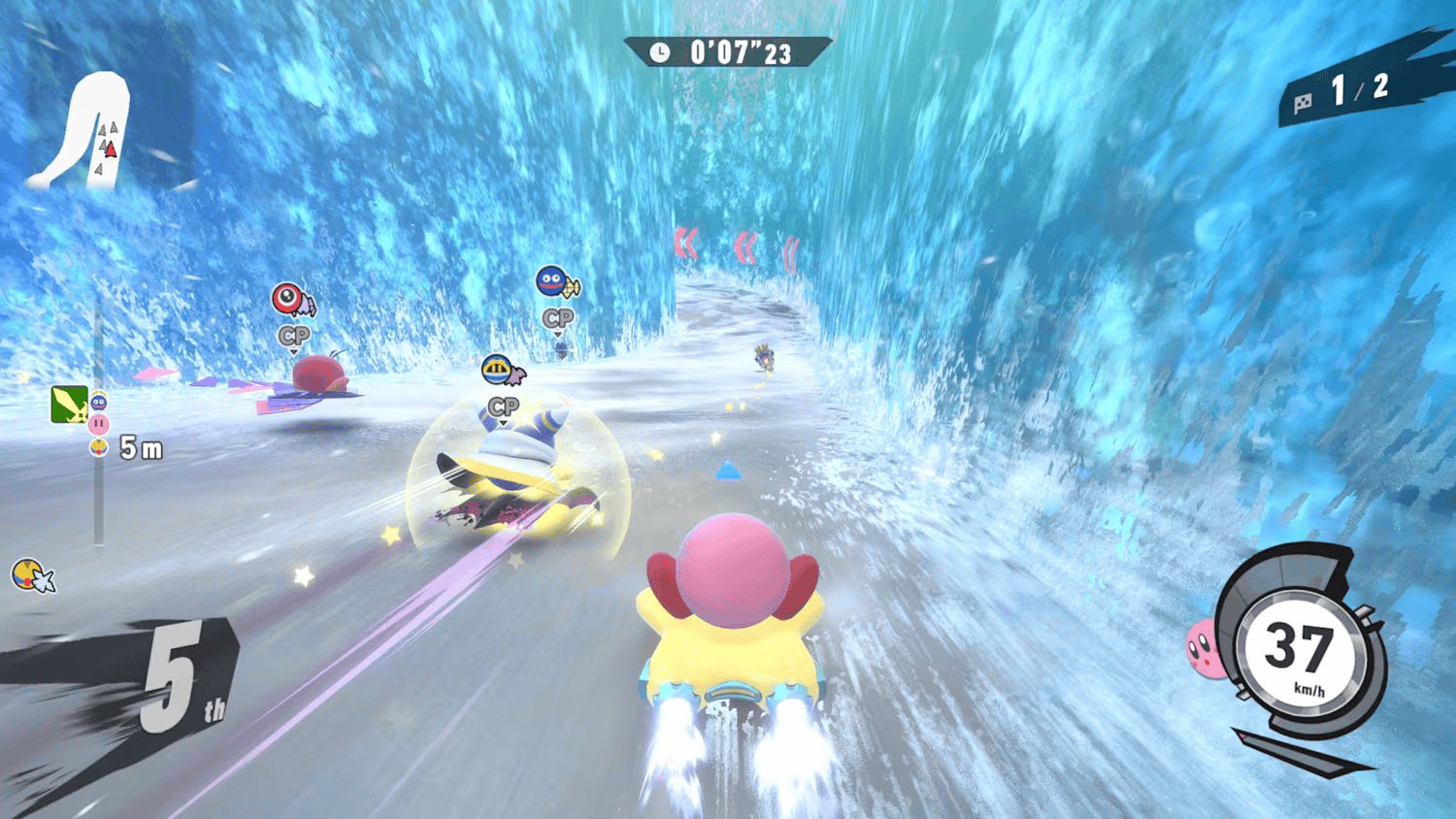 Kirby races on a star through an icy corridor. They are in 5th place with several other racers ahead of them.