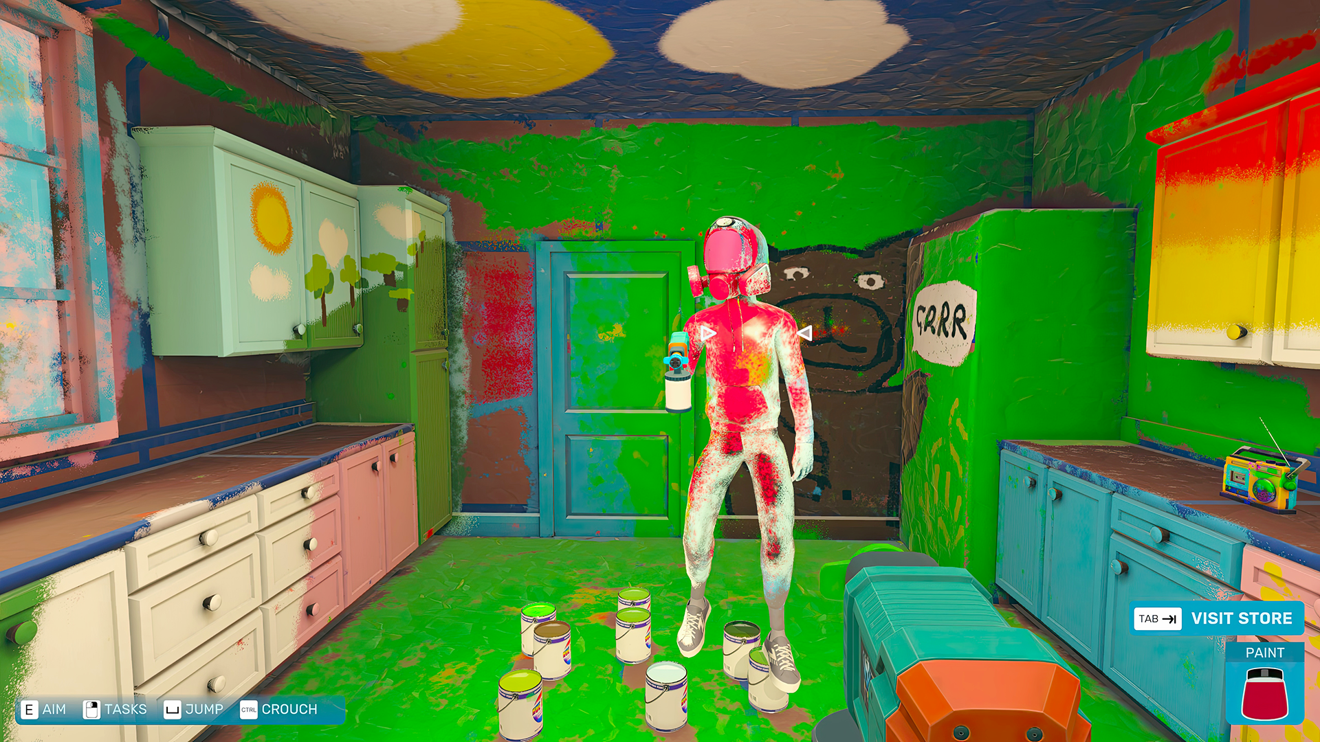 Player holds a spray paint gun and paints a room green and another player in red!