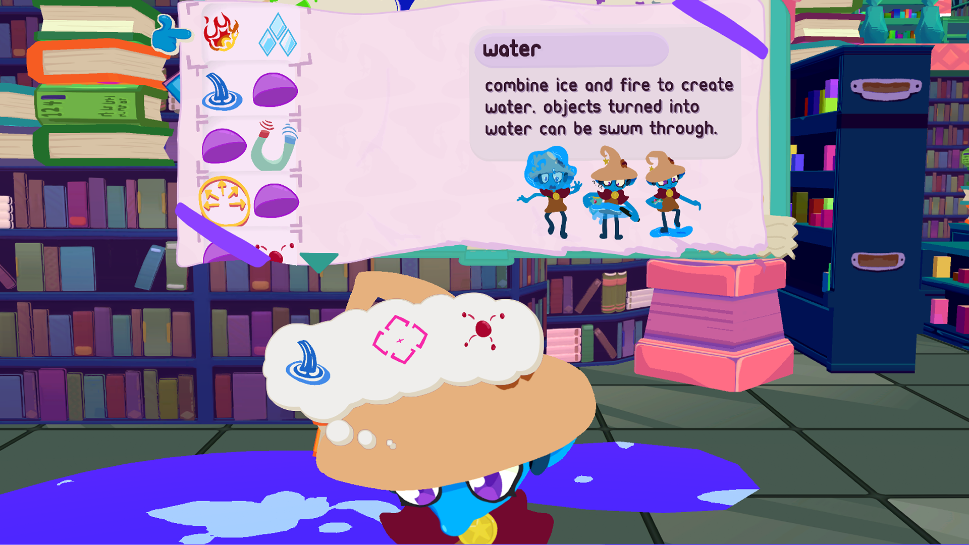 Rhell, a blue magician ponders over their Rune Menu. The Rune Menu says, "Water: combine ice and fire to create water. Objects turned into water can be swum through."