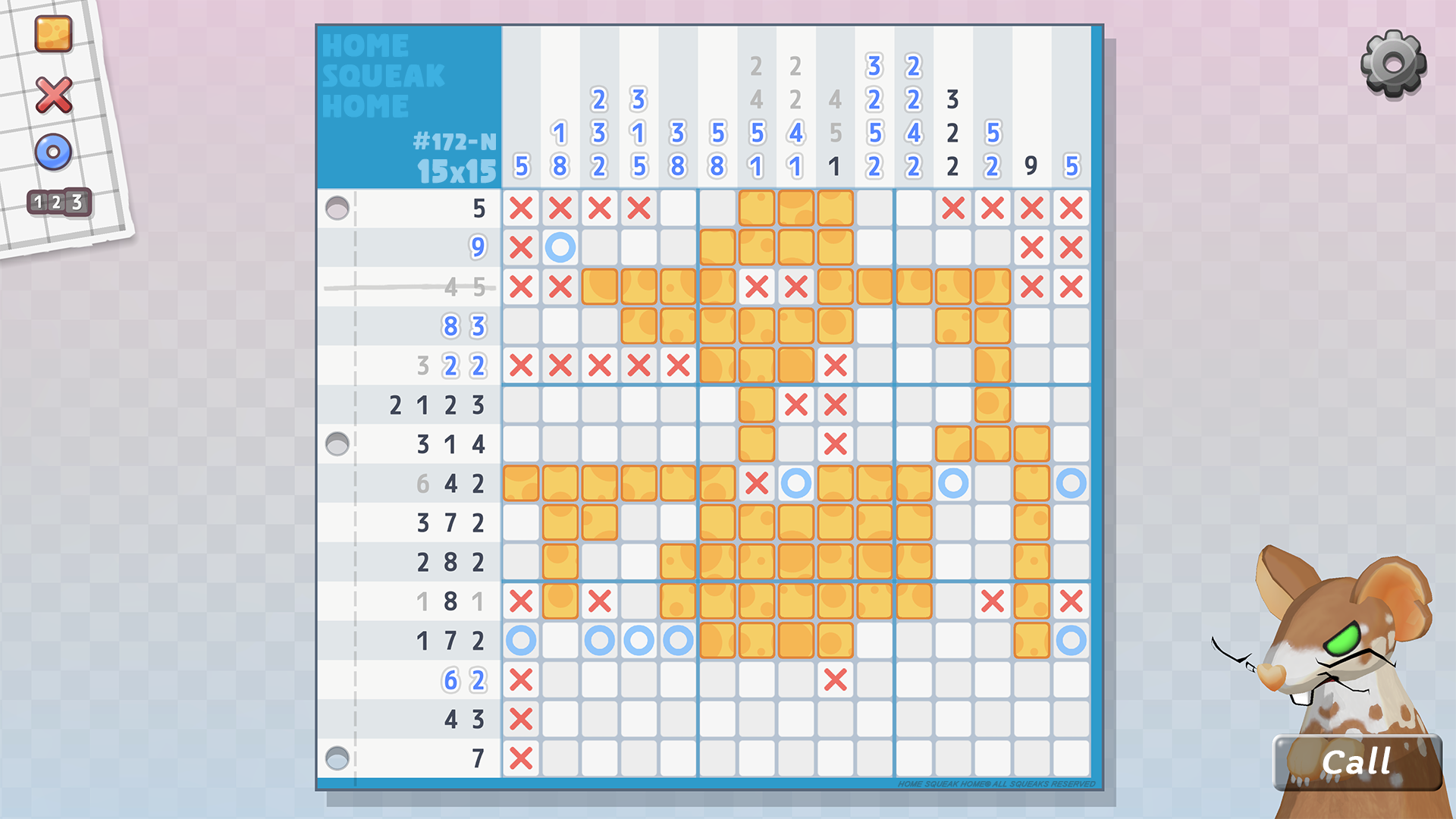 A nonogram game with cheese across the numbered board. A brown, angry mouse is in the corner.