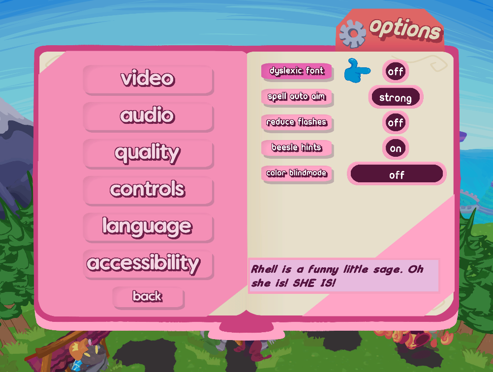 Accessibility menu featuring dyslexic font, spell auto aim, reduce flashes, hints, and colorblind mode.