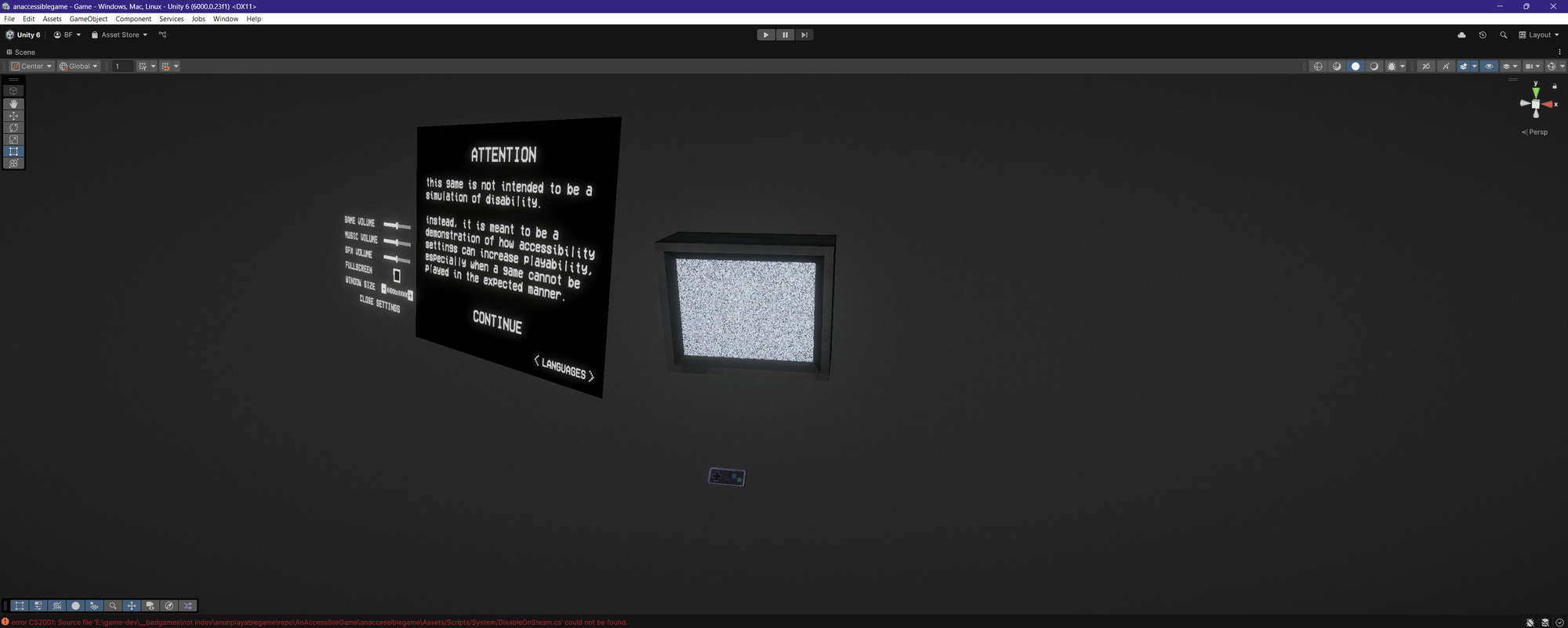 Development view of an unplayable game showing a TV screen menu in Unity, an attention warning next to it, and volume sliders on the other side.