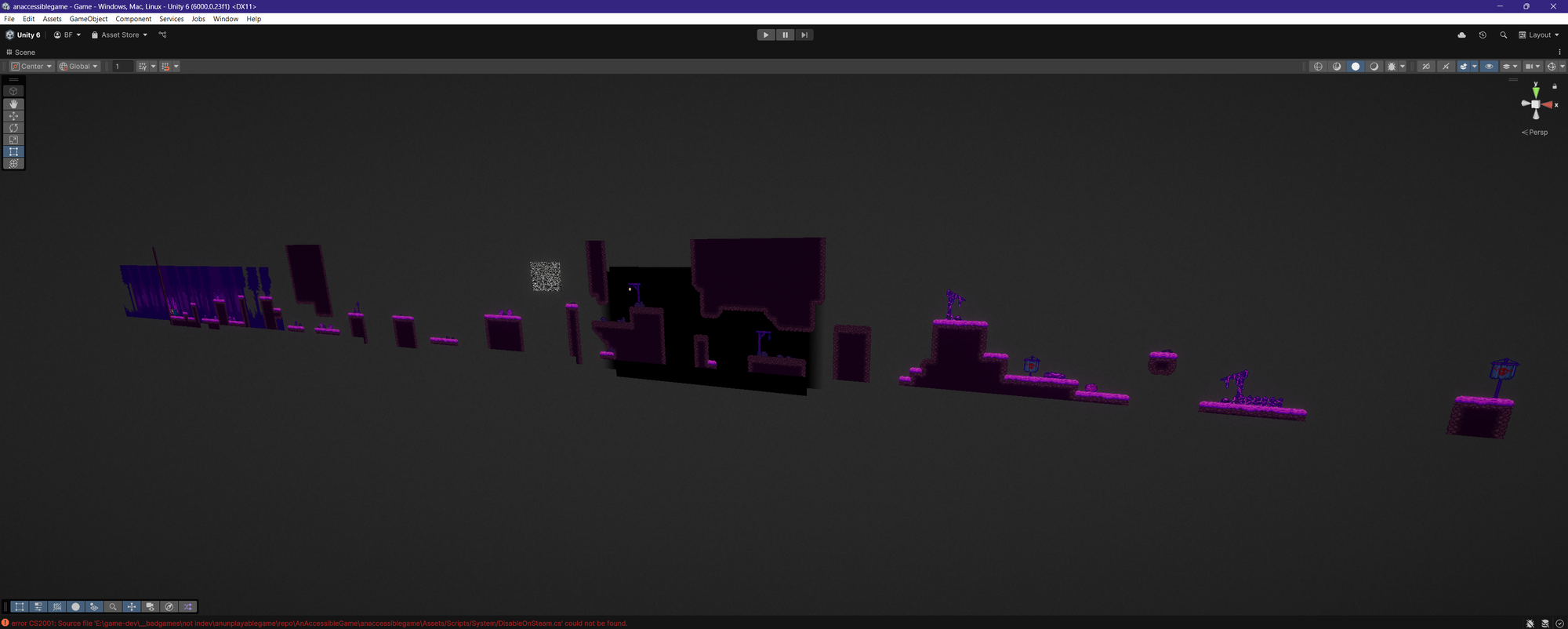 Unity development screenshot showing a level with purple platforms, ledges, and gaps.