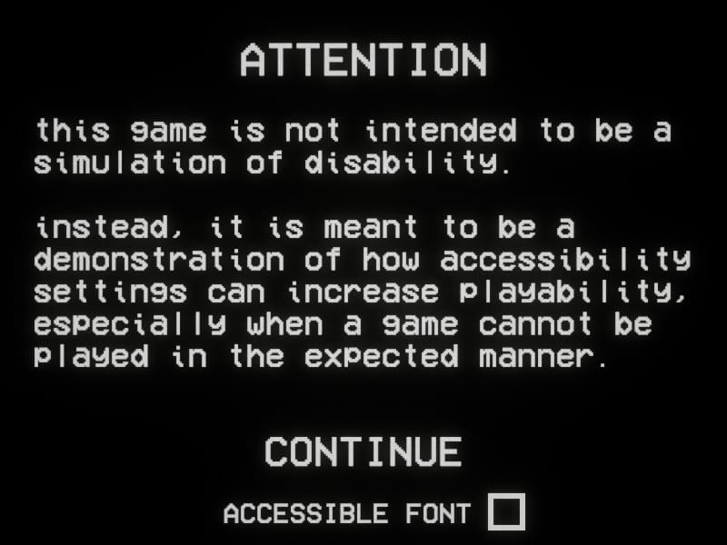 Menu text: “This game is not a simulation of disability. It demonstrates how accessibility settings can improve playability when a game cannot be played in the usual way.”