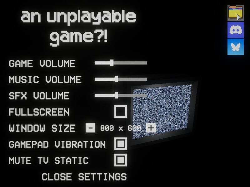 Settings menu showing options for game volume, music volume, SFX volume, fullscreen, window size, gamepad vibration, and muting TV static.