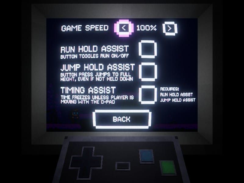 Game settings menu showing options for game speed, run hold assist, jump hold assist, and timing assist.