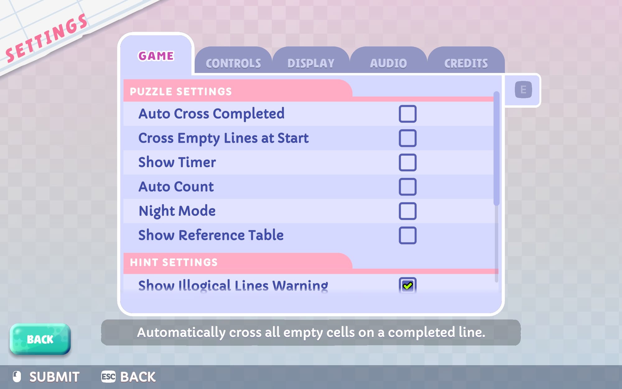 Game accessibility settings menu with the options: auto cross completed, cross empty lines at start, show timer, auto count, night mode, and show reference table.