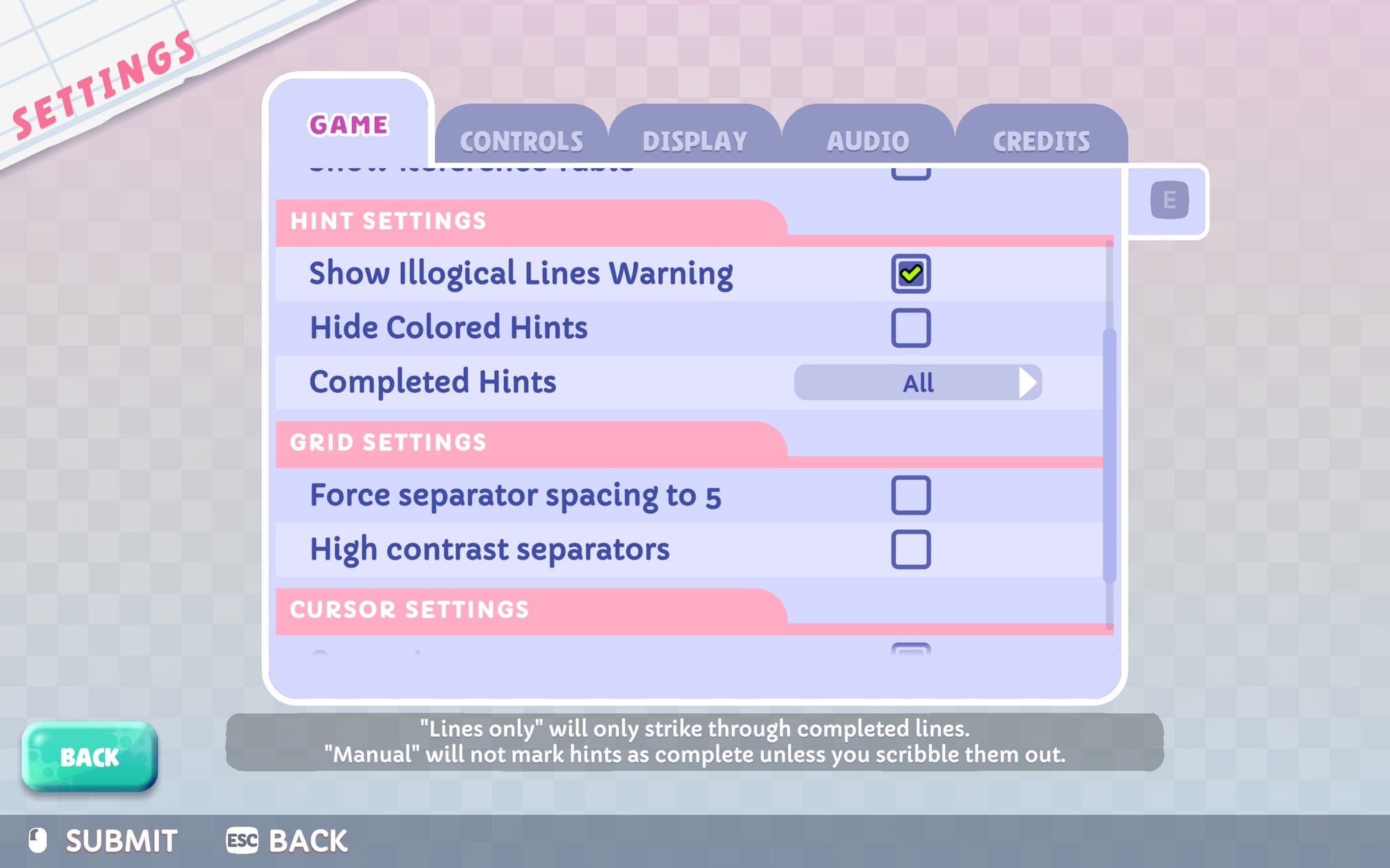 Games accessibility menu with the options: show illogical lines warning, hide colored hints, completed hints, force separator spacing to 5, high contrast separators.
