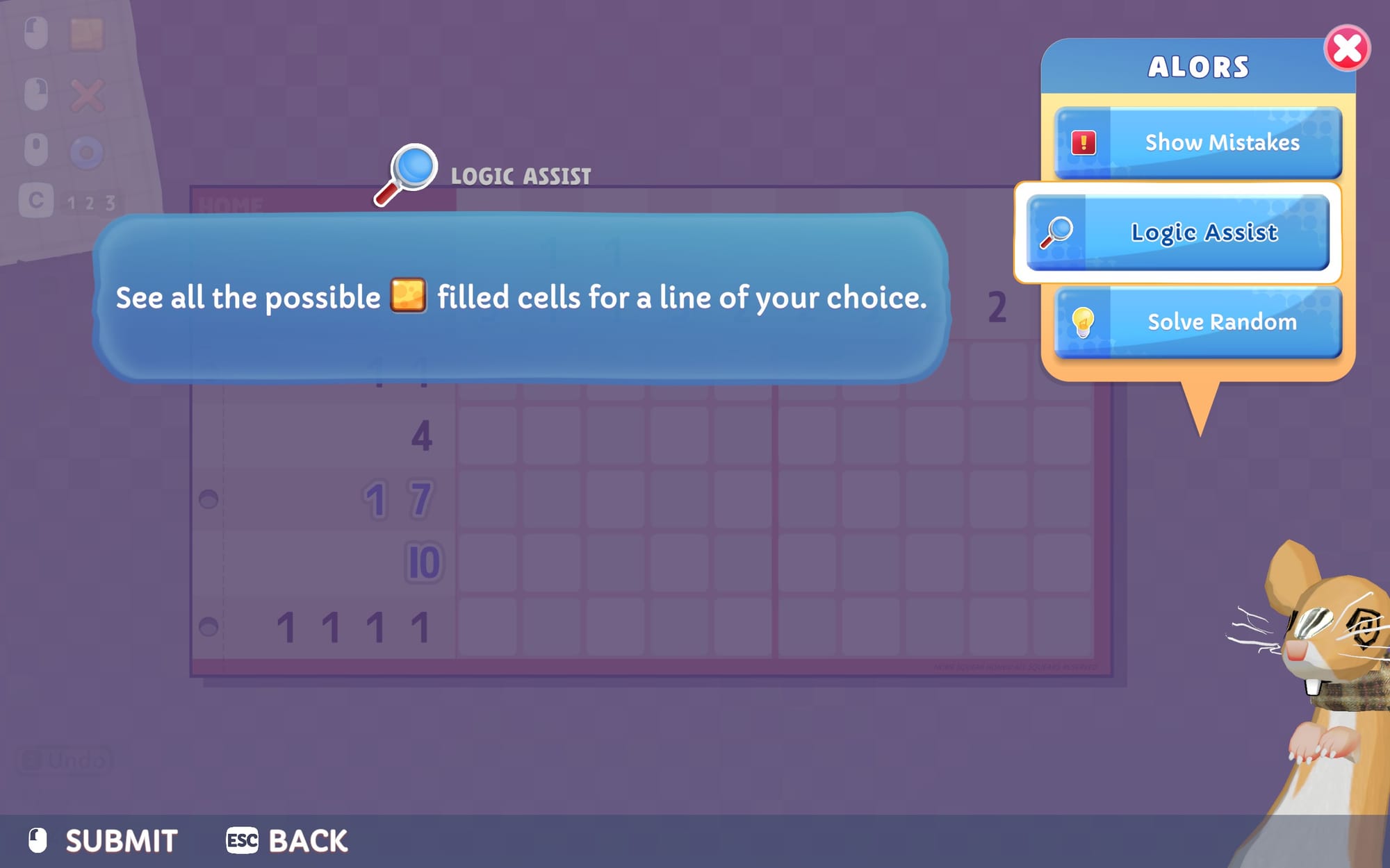 In-game screenshot showing a brown mouse asking whether to show mistakes, enable logic assist, or solve a random section of the puzzle.