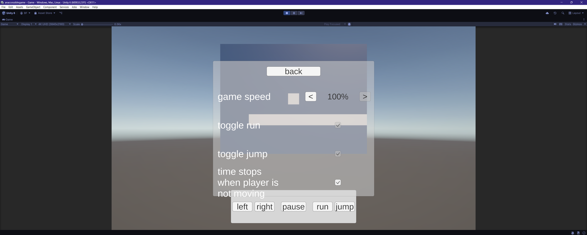 Early iteration of an unplayable game showing an accessibility menu with options for game speed, toggle run, toggle jump, and pausing time when the player is not moving.