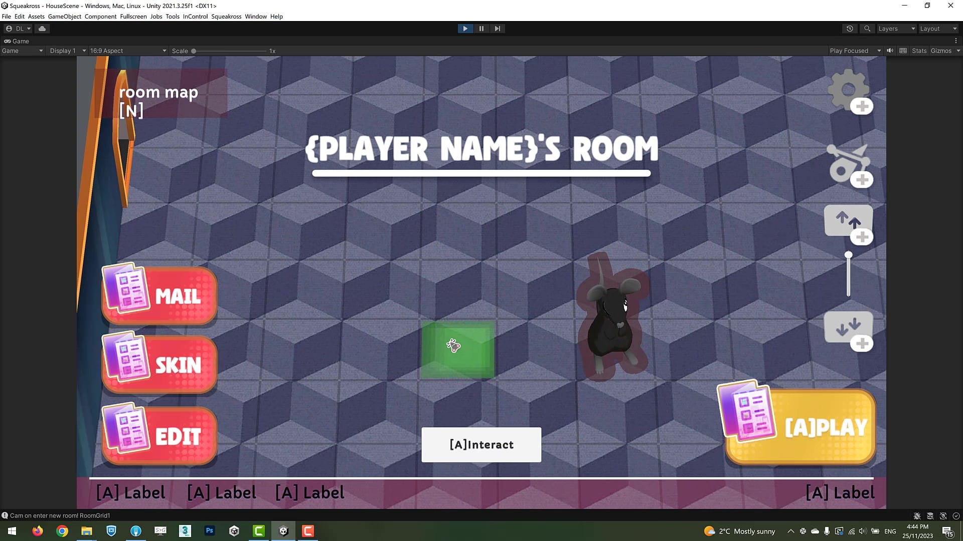 Early Unity development screenshot of the player’s home with furniture, showing mail, skin, and edit buttons, a mouse icon, and an interact button.