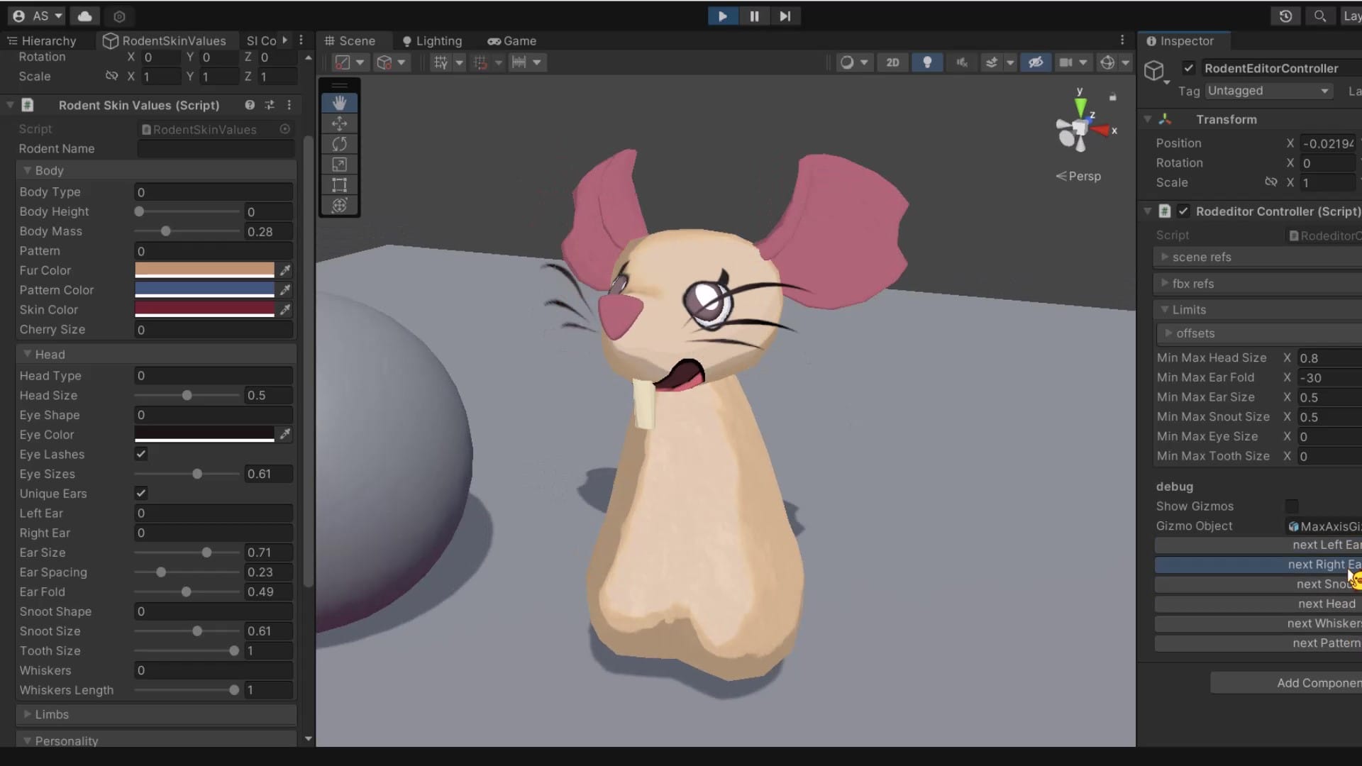 Early development screenshot of a beige mouse avatar with large ears and a developer option to adjust ear size.