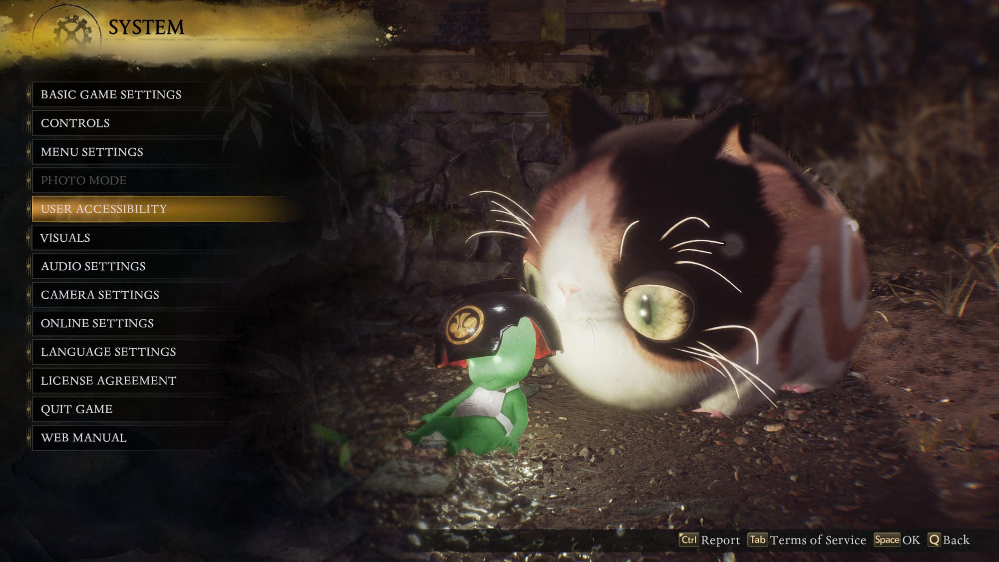 The Systems menu features Basic Game Settings, Controls, User Accessibility, Visuals, Audio Settings, Camera Settings, Online Settings, Language Settings, the License Agreement, Quit Game, and the Web Manual. In the corner, a Kodama lounges on the ground while a Scampuss sniffs it.