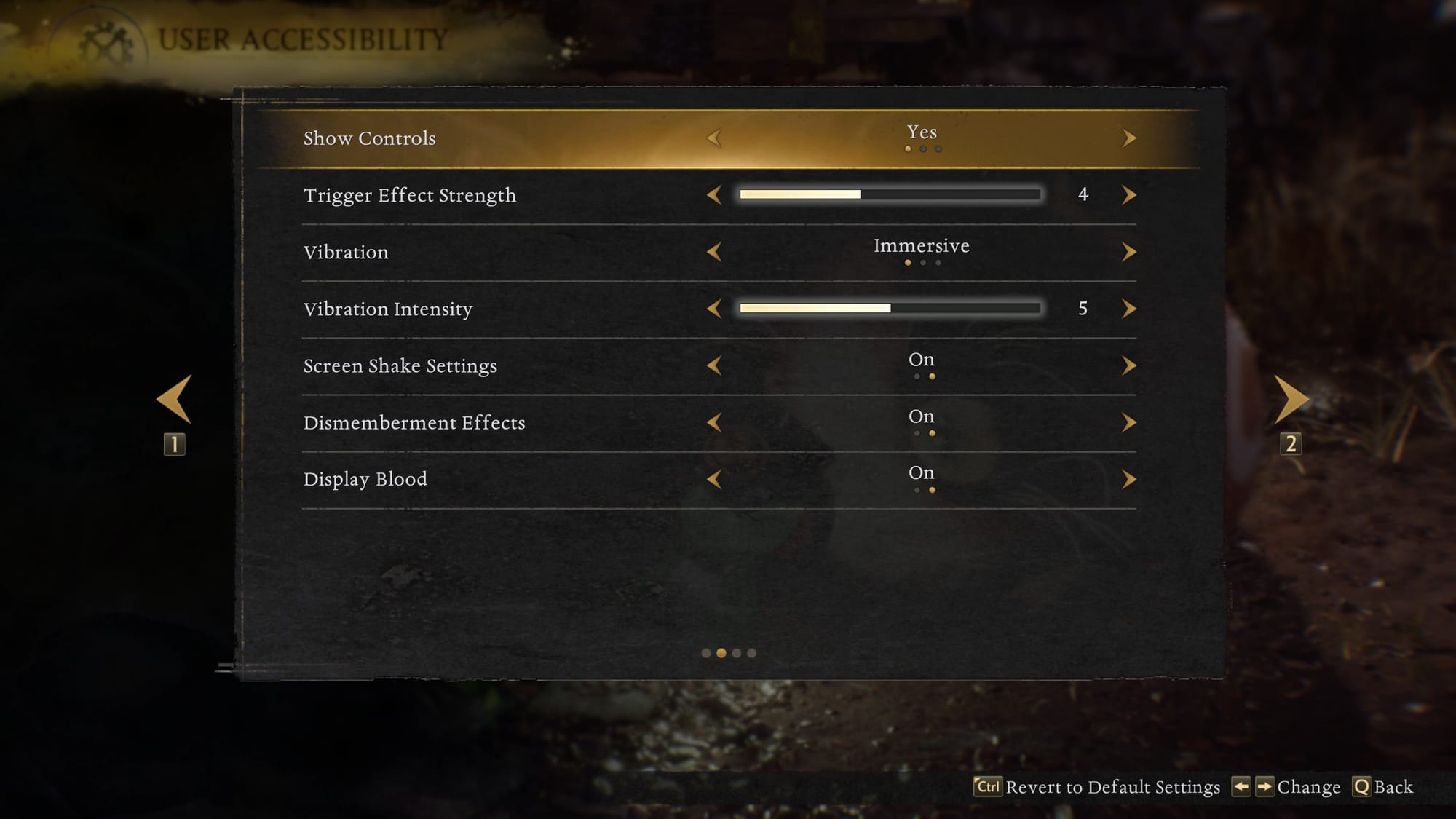 The User Accessibility menu shows the following options: Show Controls, Trigger Effect Strength, Vibration, Vibration Intensity, Screen Shake Settings, Dismemberment Effects, and Display Blood.