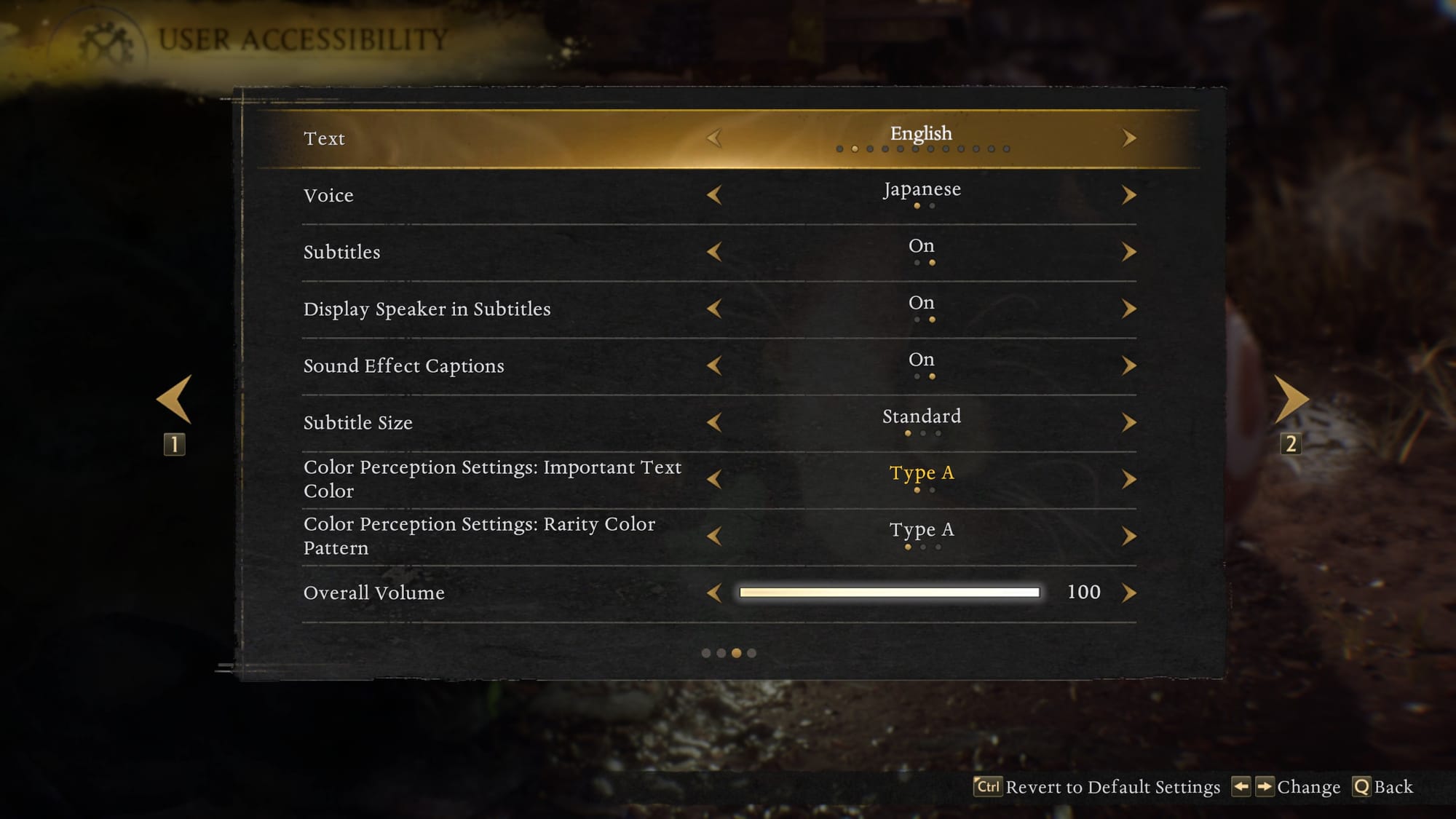 The User Accessibility menu shows options for Text, Voice, Subtitles, Display Speaker in Subtitles, Sound Effect Captions, Subtitle Size, Color Perception (Important Text Color and Rarity Color), and Overall Volume.
