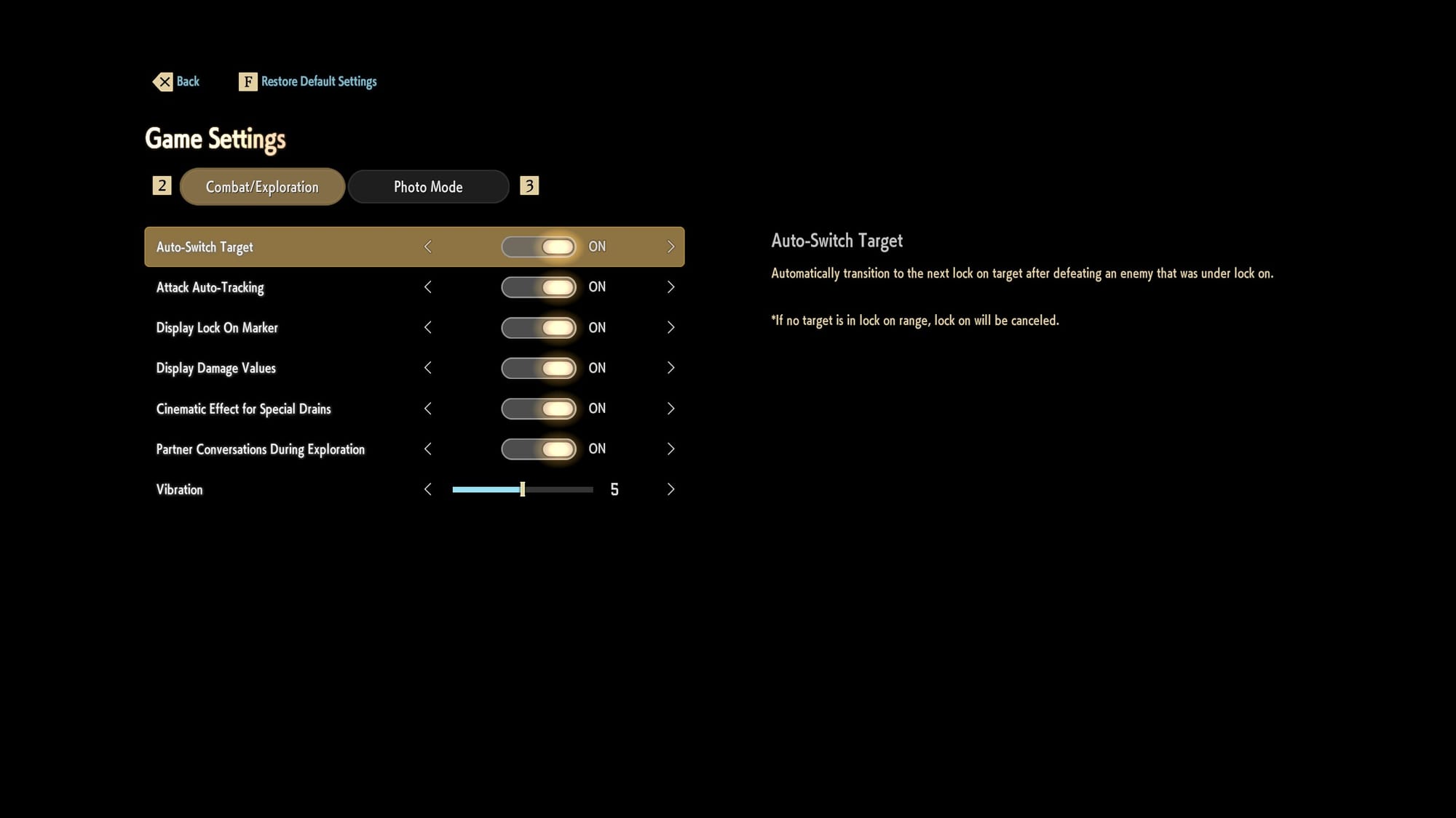 The Game Settings menu shows options for Auto-Switch Target, Attack Auto-Tracking, Display Lock-On Marker, Display Damage Values, Cinematic Effects for Special Drains, Partner Conversations During Exploration, and Vibration.
