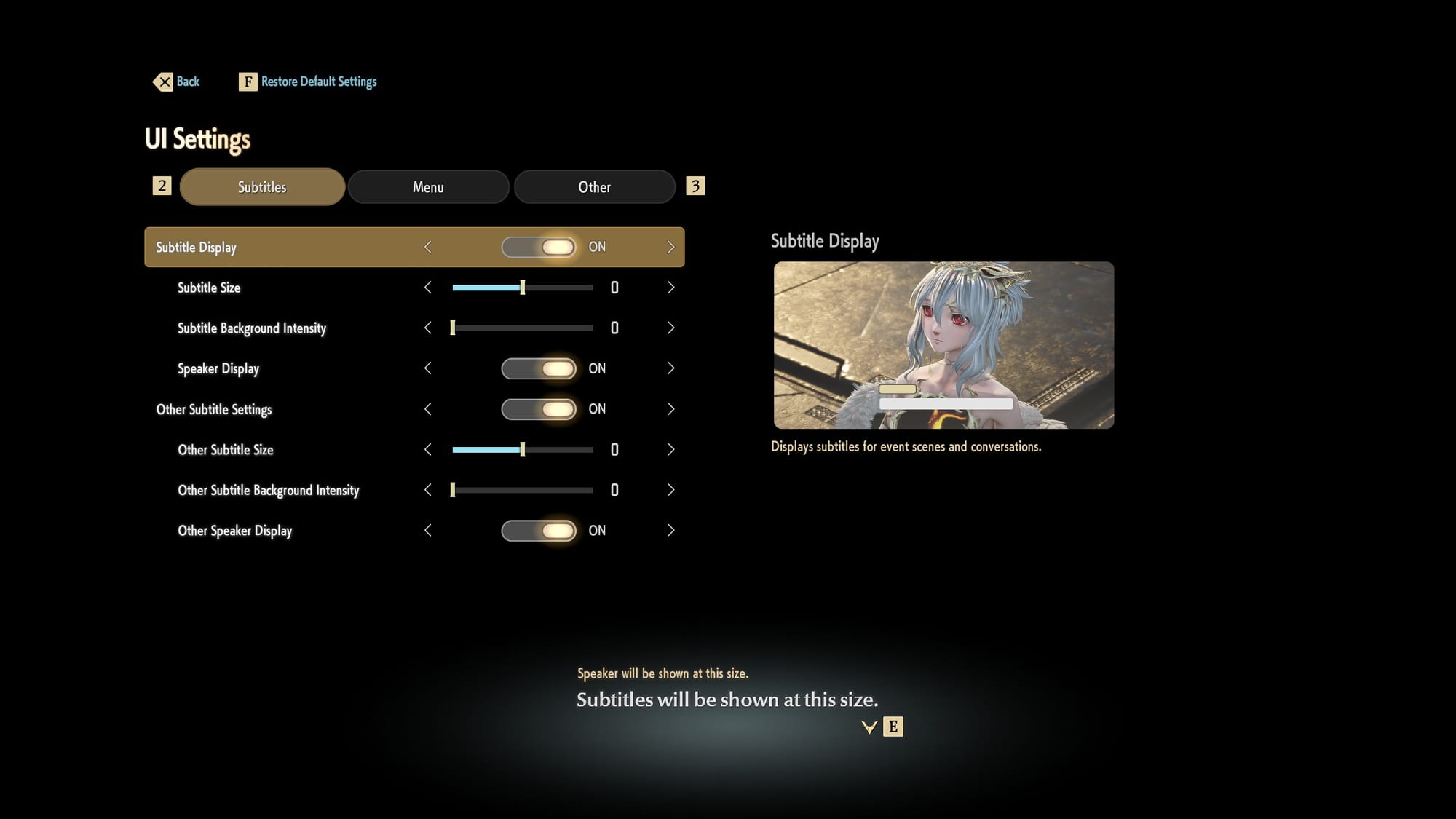 The UI Settings menu shows options for Subtitle Display, Subtitle Size, Subtitle Background Opacity, and Speaker Display.