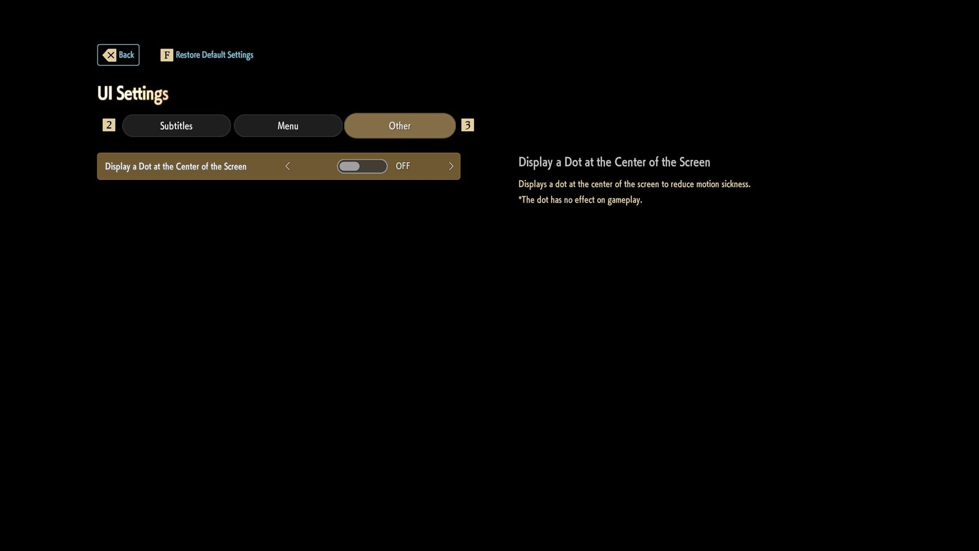 The UI Settings menu features a single option: Display a Dot at the Center of the Screen.