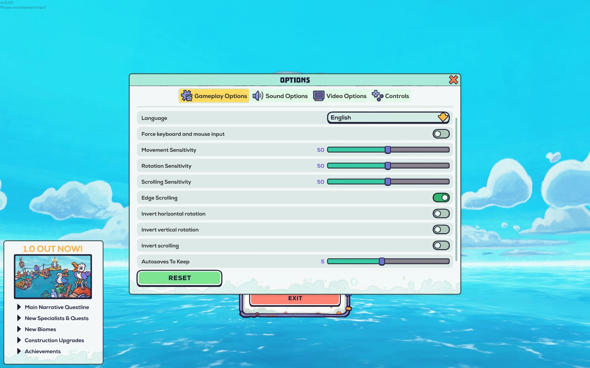 The options menu features settings for Language, Force Keyboard and Mouse Input, Movement Sensitivity, Rotation Sensitivity, Edge Scrolling, Invert Horizontal and Vertical Rotation, Invert Scrolling, and the number of Auto-Saves to keep.