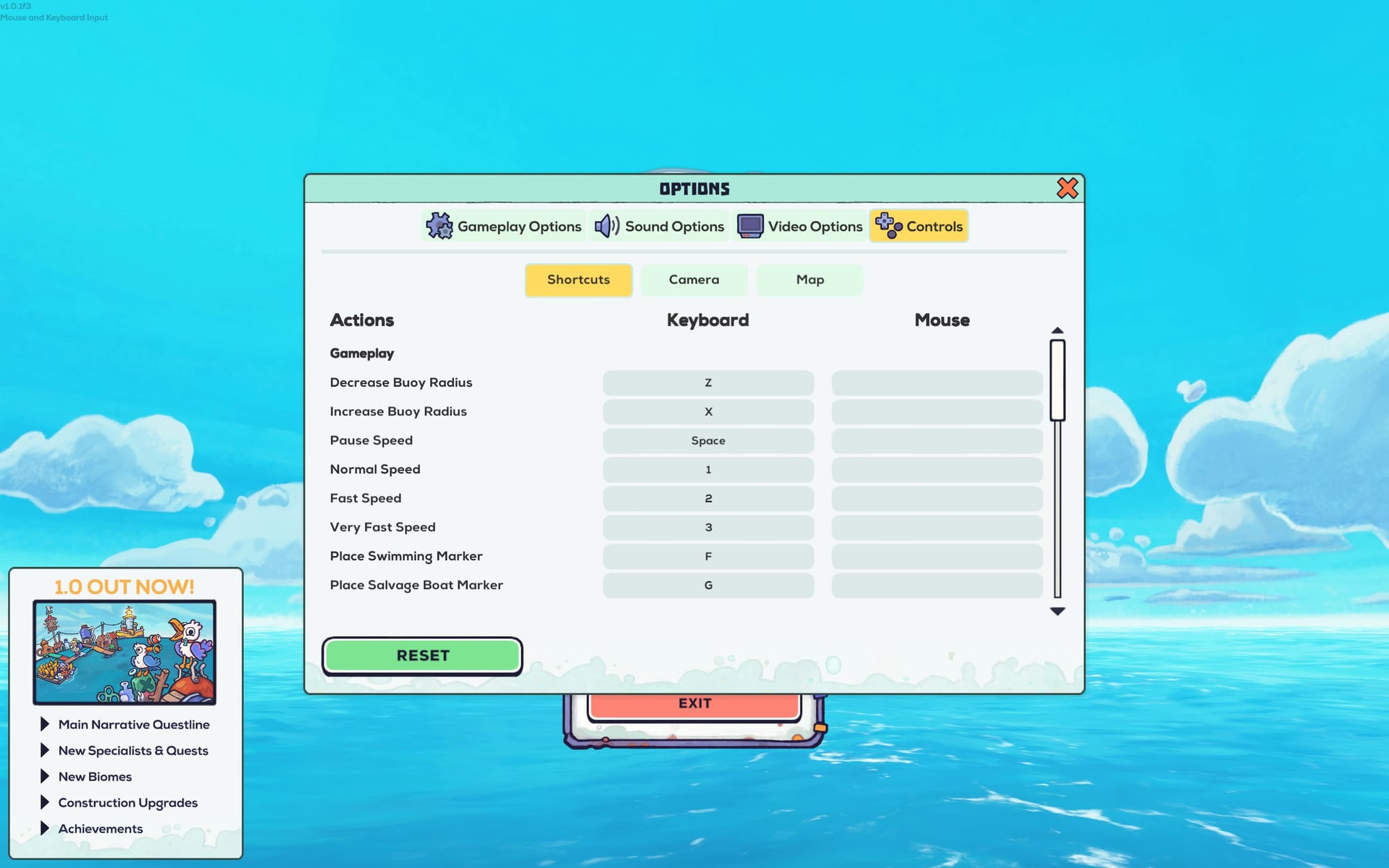 The Controls settings menu features options to change the input settings for increasing or decreasing the buoy radius, pausing the game, normal speed, fast speed, very fast speed, and placing swimming and salvage markers.