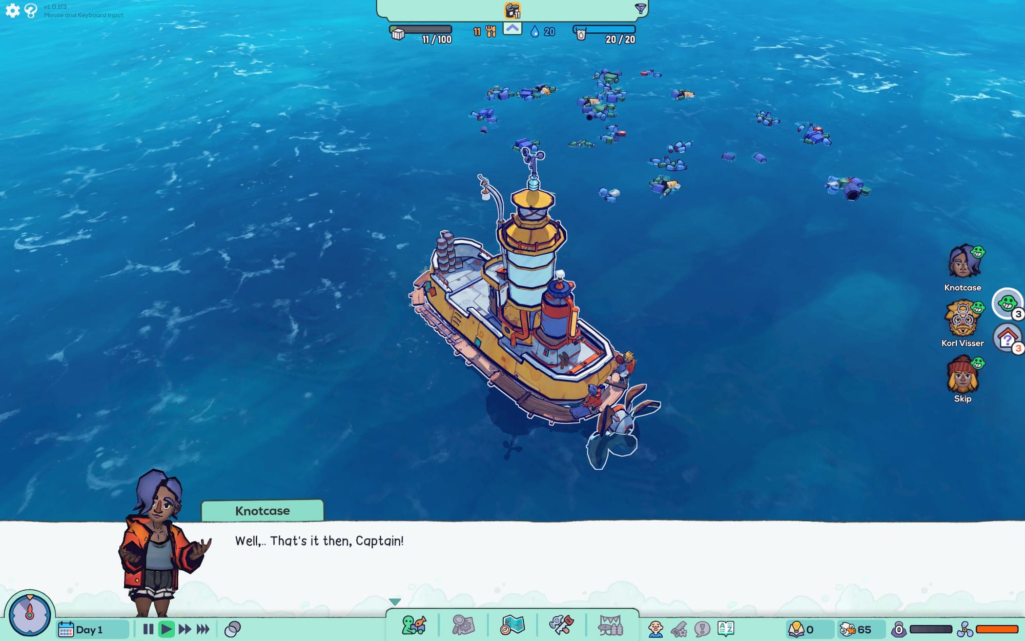 Knotcase, a Black woman with purple hair, says, “Well… that’s it then, Captain!” In the background, a yellow boat floats among several plastic bottles in the ocean.