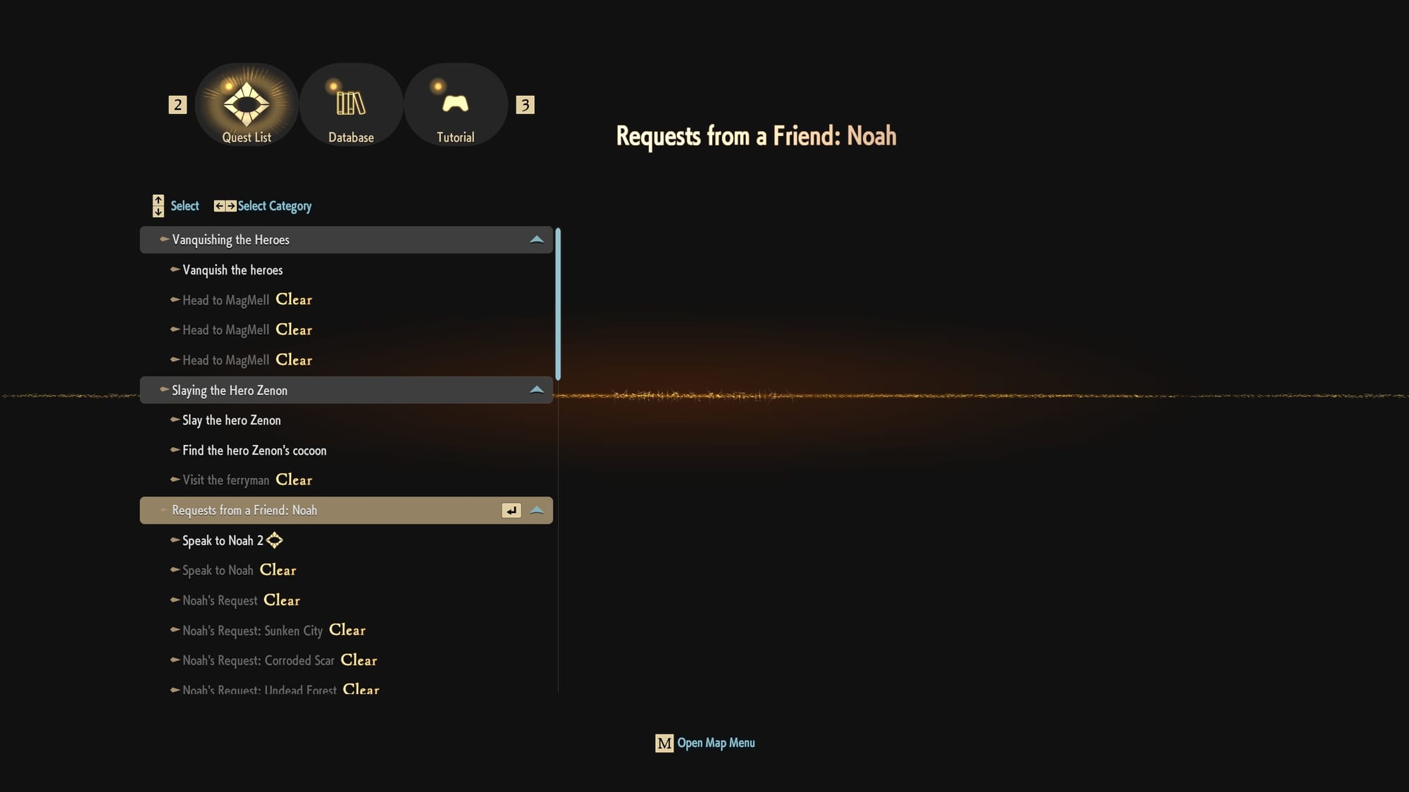 The Quest List menu displays several quests, such as Vanquish the Heroes, Head to MagMell, and Speak to Noah. Active quests are highlighted in gold, while completed quests are grayed out with a "Clear" label next to them.