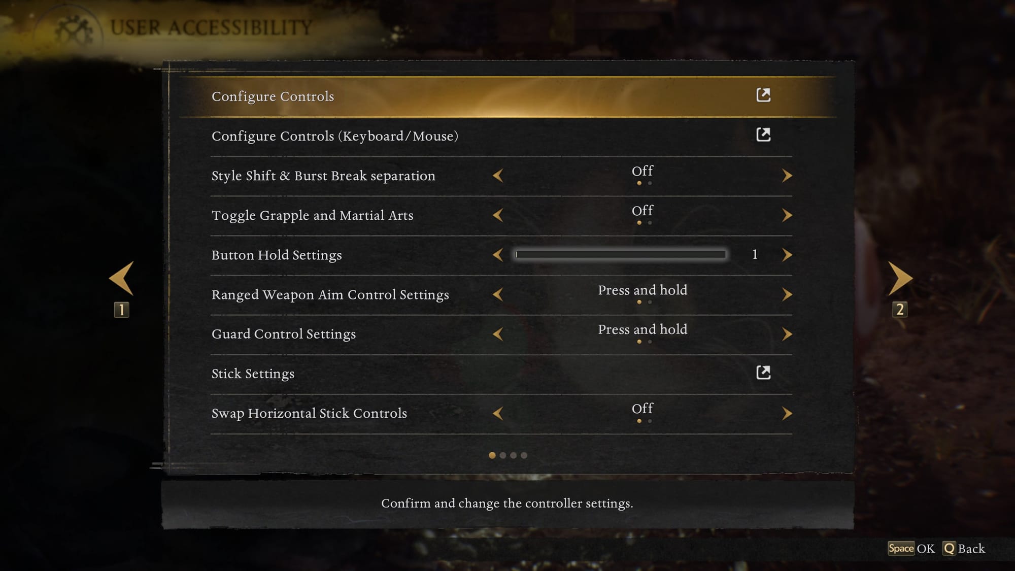 The Controller menu features Configure Controls, Configure Mouse/Keyboard, Style Shift & Burst Break Separation, Toggle Grapple and Martial Arts, Button Hold Settings, Ranged Weapon Aim Control Settings, Guard Control Settings, Stick Settings, and Swap Horizontal Stick Control.