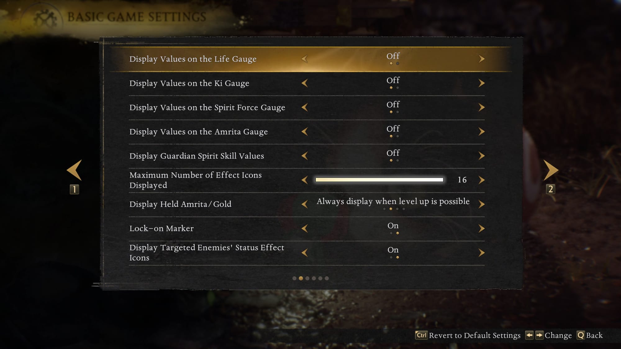 The Basic Game Settings menu shows options to display values on the Life Gauge, Ki Gauge, Spirit Force Gauge, and Amrita Gauge; display Guardian Spirit skill values; set the maximum number of icons displayed; show held Amrita and gold; toggle the lock-on marker; and display targeted enemies’ status effects.