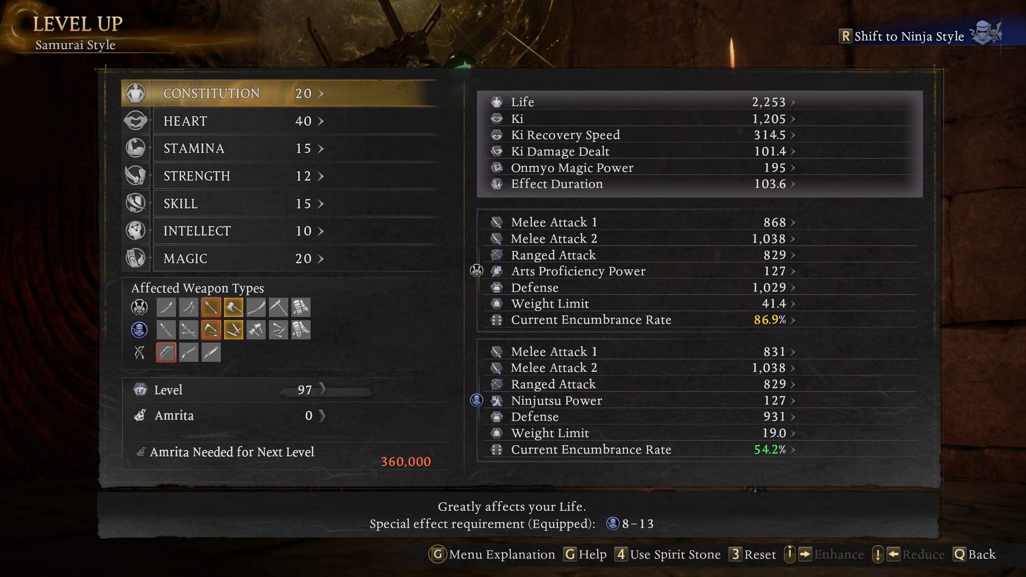The Level Up menu displays the following stats: Constitution, Heart, Stamina, Strength, Skill, Intellect, and Magic. Below each stat, the weapons it affects are highlighted in yellow.