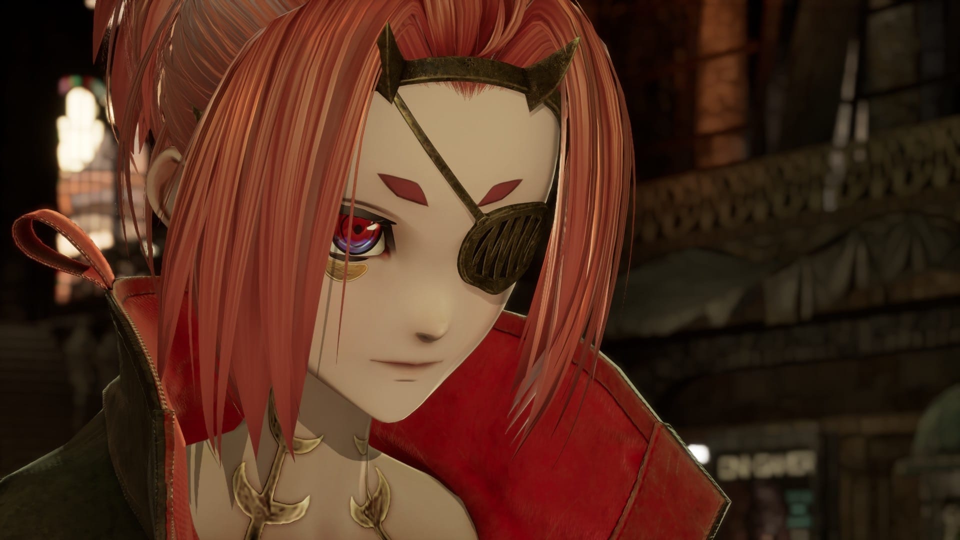 Josée Anjou, a girl with orange hair, a gold eyepatch, and gold thorns around her neck, looks at the player.