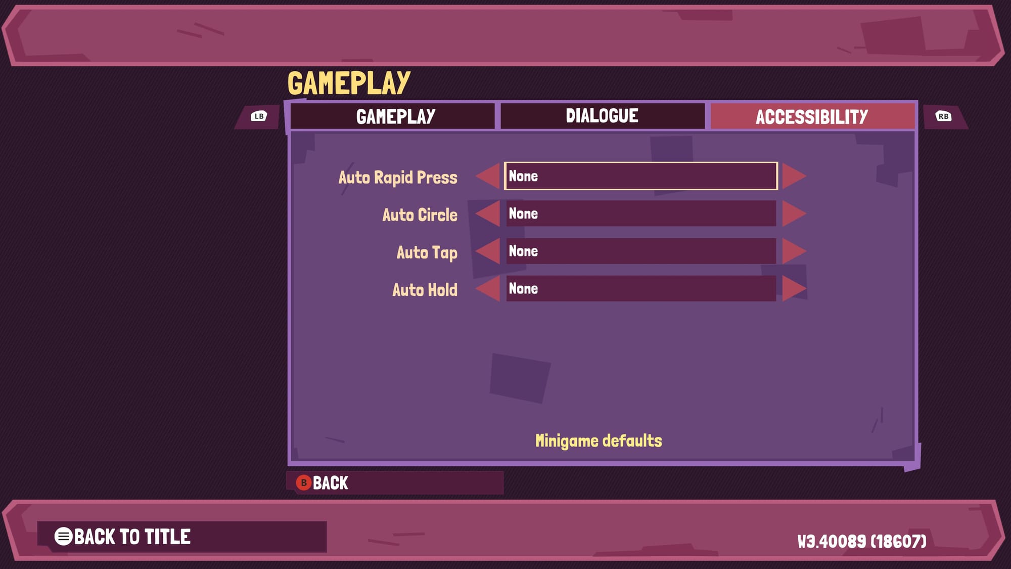 Gameplay settings menu with options for auto rapid press, auto circle, auto tap, and auto hold. Tabs at the top allow navigation to dialogue and other gameplay settings.