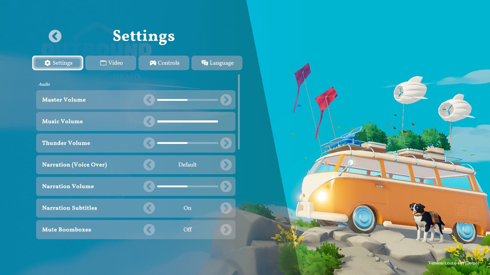Settings menu with controls for master volume, music volume, thunder volume, narration voice-over, narration volume, subtitles, and an option to mute boomboxes.