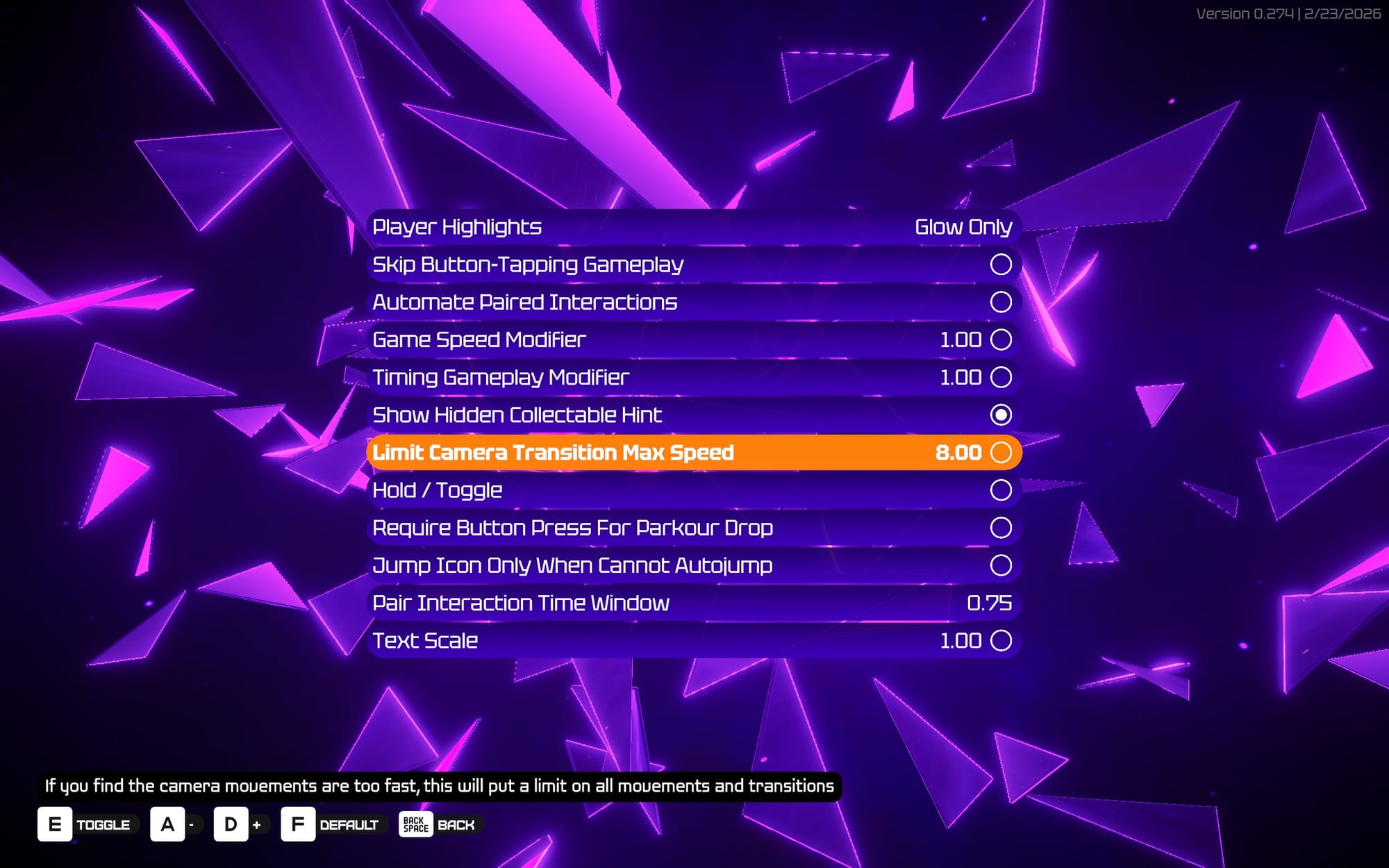 Accessibility menu with options including player highlights, skipping button-tapping gameplay, automating paired interactions, game speed modifier, hidden collectible hints, limiting camera transition speed, hold/toggle controls, requiring button press for parkour drops, showing jump icon only when auto-jump is unavailable, paired interaction timing window, and text scaling.