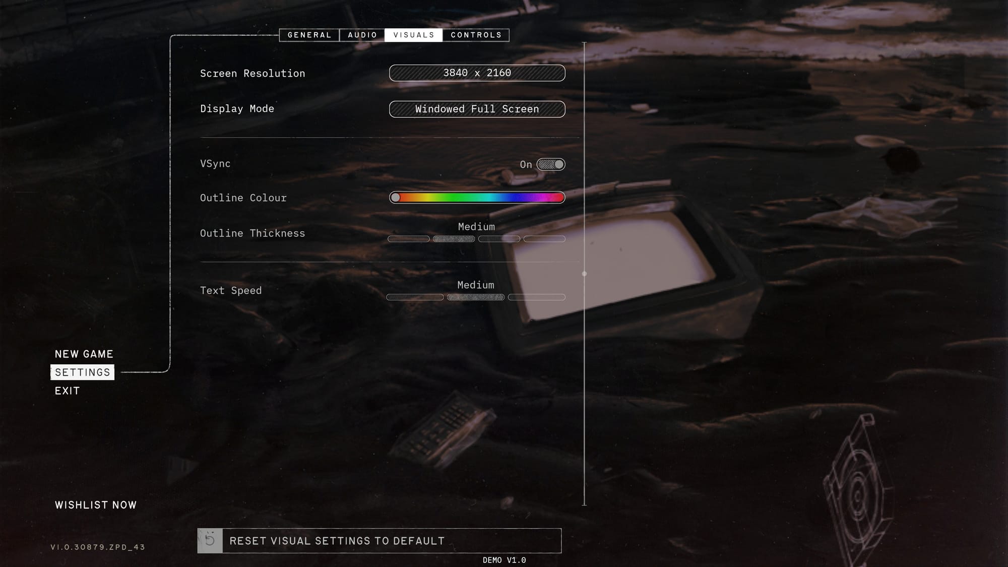 Settings menu with options for screen resolution, display mode, VSync, outline color, outline thickness, and text speed.