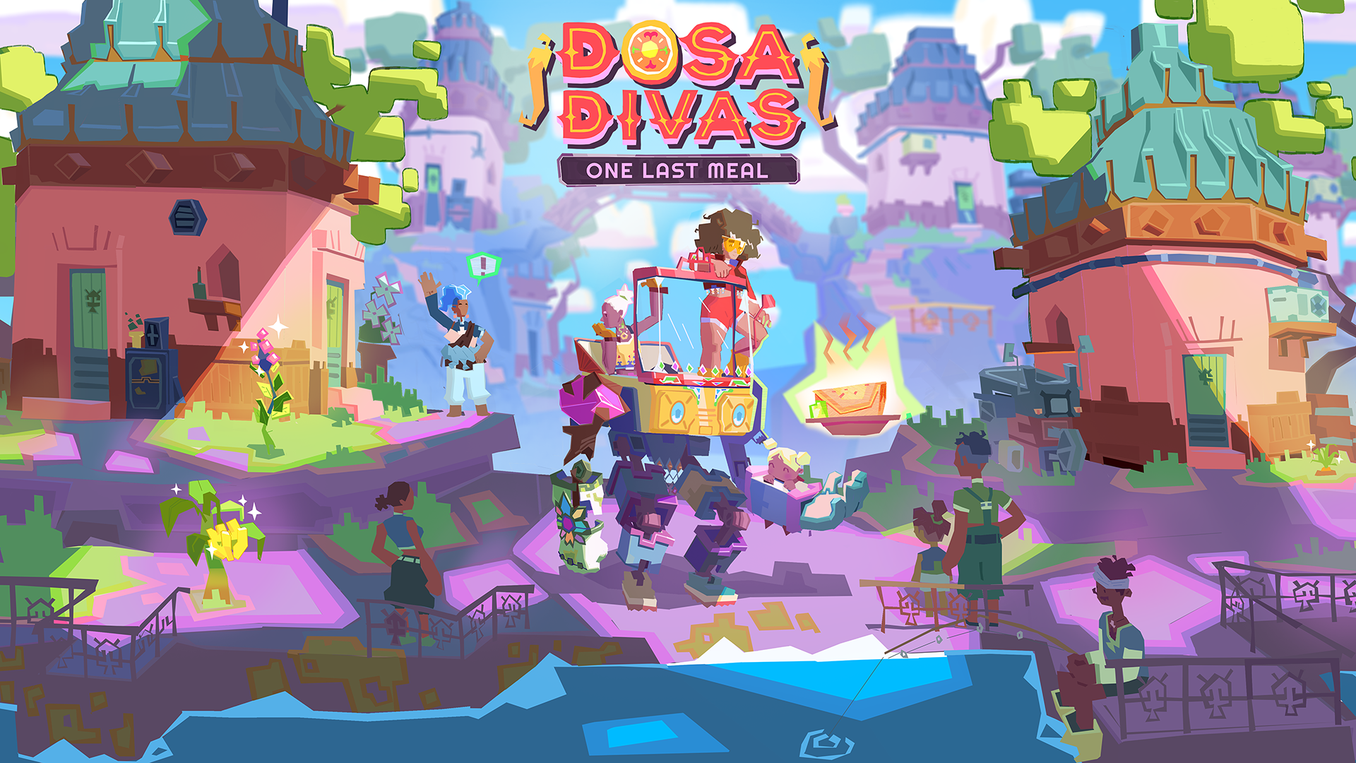 Title screen for Dosa Divas: One Last Meal. Samara and Amani stand inside a large battle mech in a bright, colorful village. Around them, villagers go about their day — one waves, another fishes, and three stare curiously at the mech. The game’s title appears at the top of the screen.