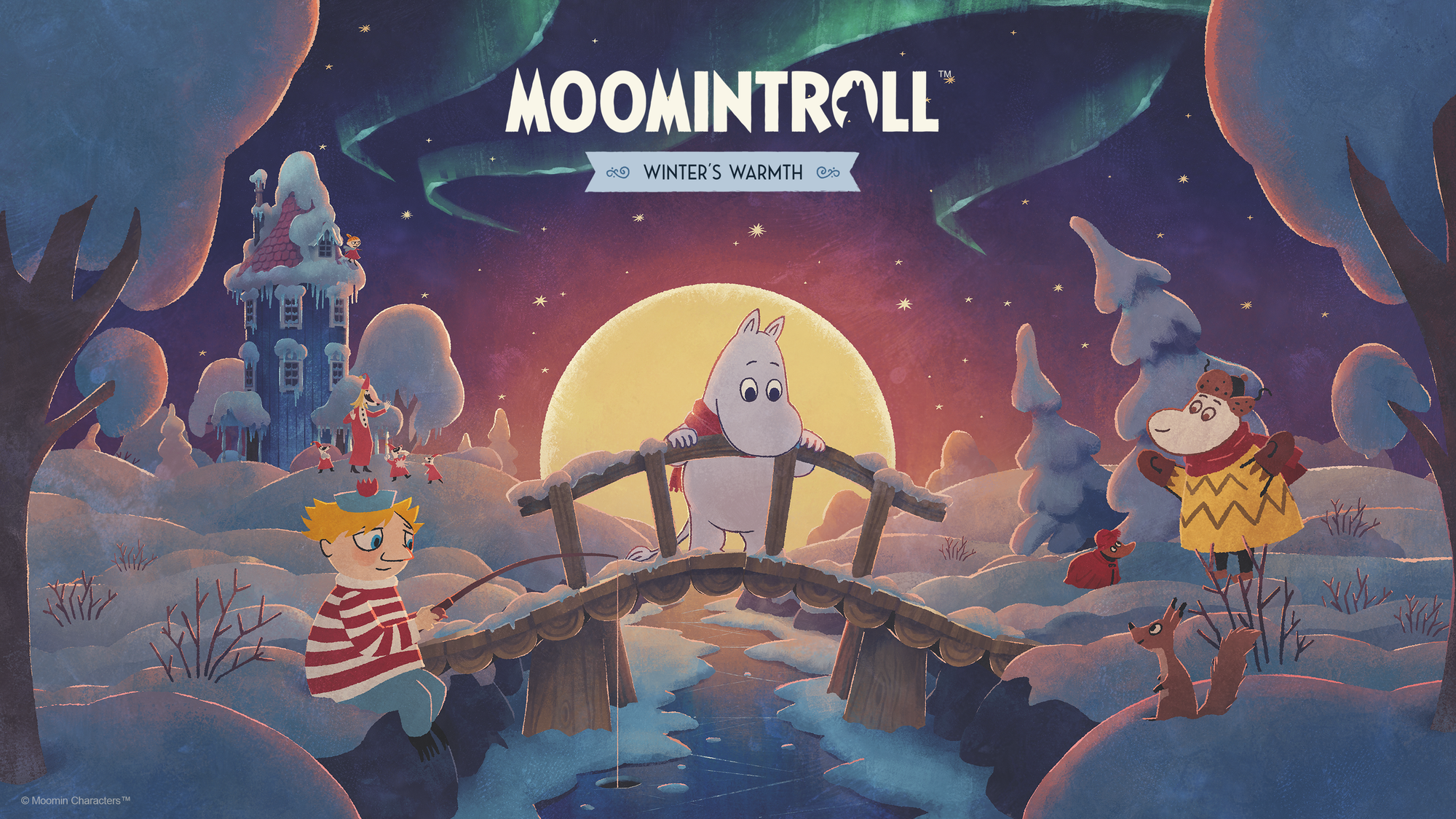 itle screen for Moomintroll: Winter’s Warmth. Moomin, wearing a red scarf, stands on a wooden bridge overlooking a frozen river. The snowy landscape is lit by a low moon in the night sky.