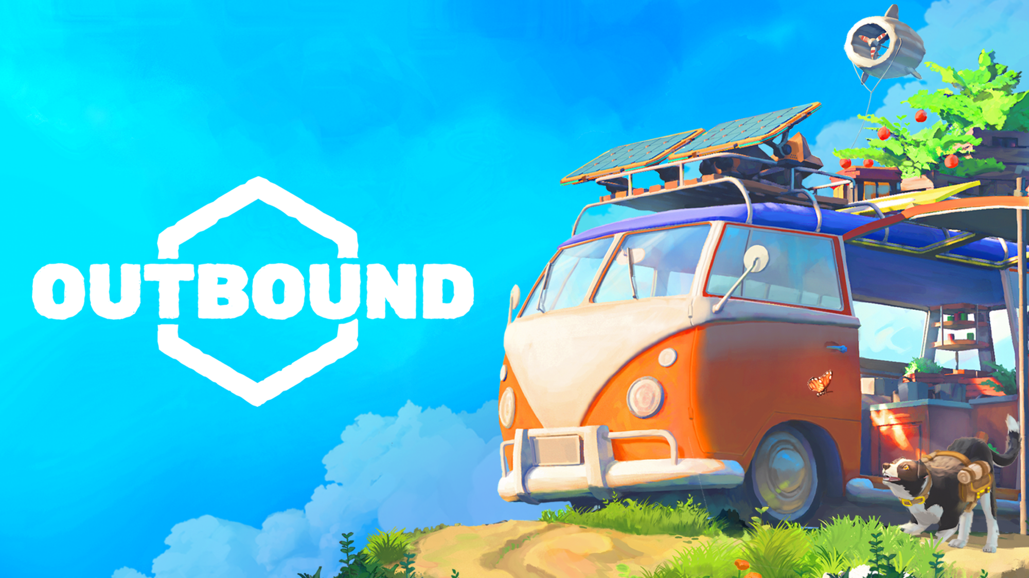 Logo screen for Outbound, showing an orange camper van with solar panels parked on a hill under a bright blue sky. A black dog with white paws looks up at a butterfly nearby.