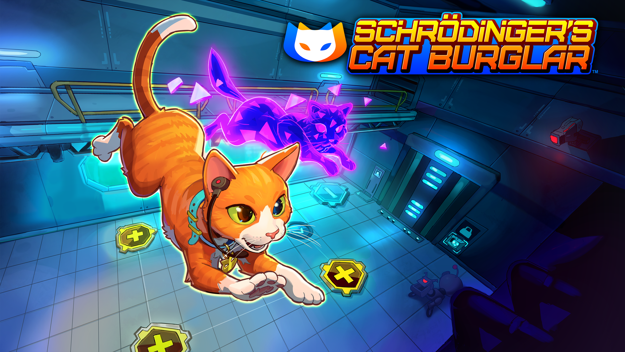 Title screen for Schrodinger’s Cat Burglar. Below the title, Mittens, an orange cat with white paws and an earpiece, leaps from a balcony over a security robot. A purple, quantum-style cat appears in the background.