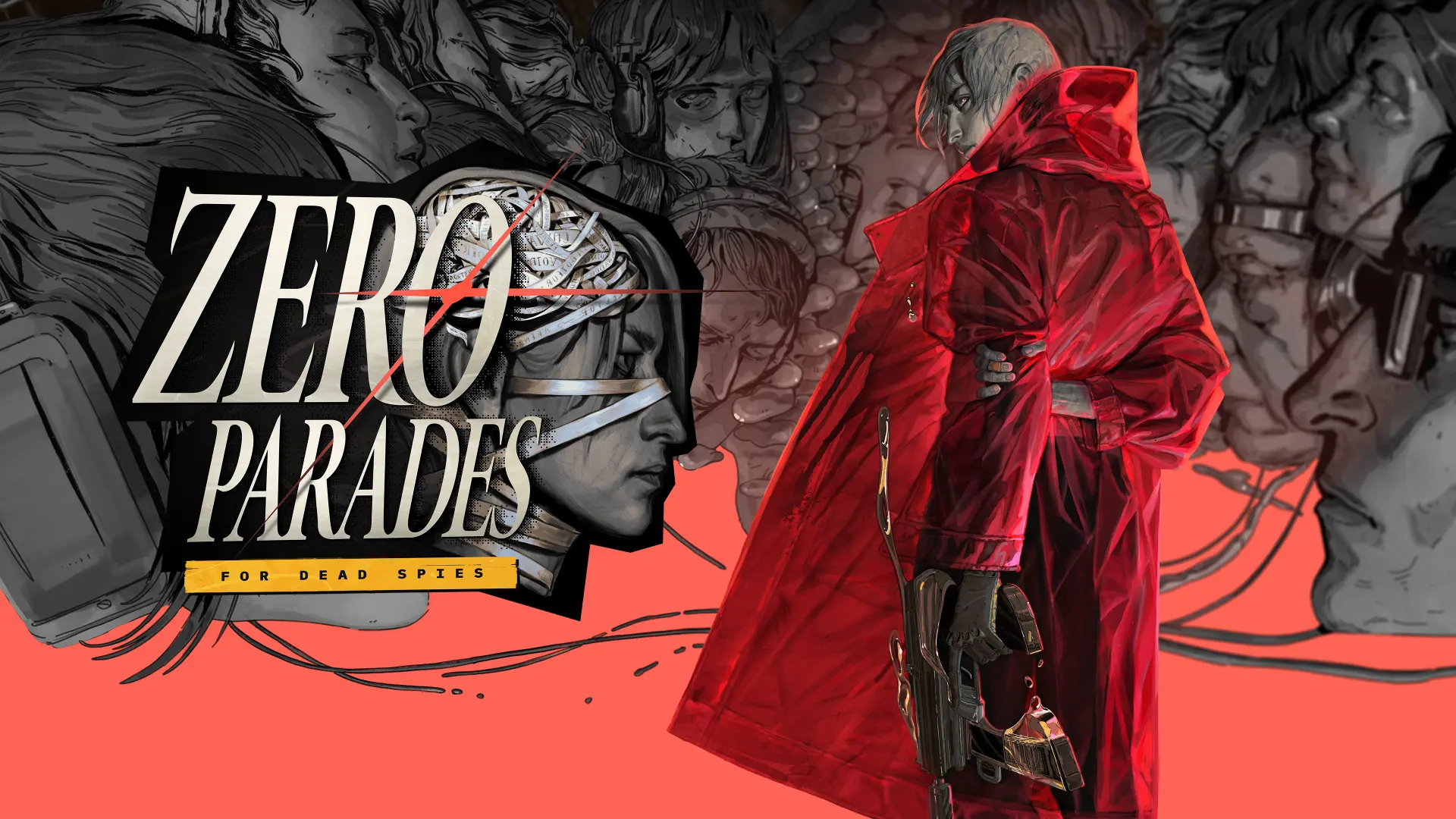 Logo screen for ZERO PARADES: For Dead Spies. Hershel Wilks stands facing away, wearing a bright red coat and holding a gun. Behind her, gray faces fade into a red background.