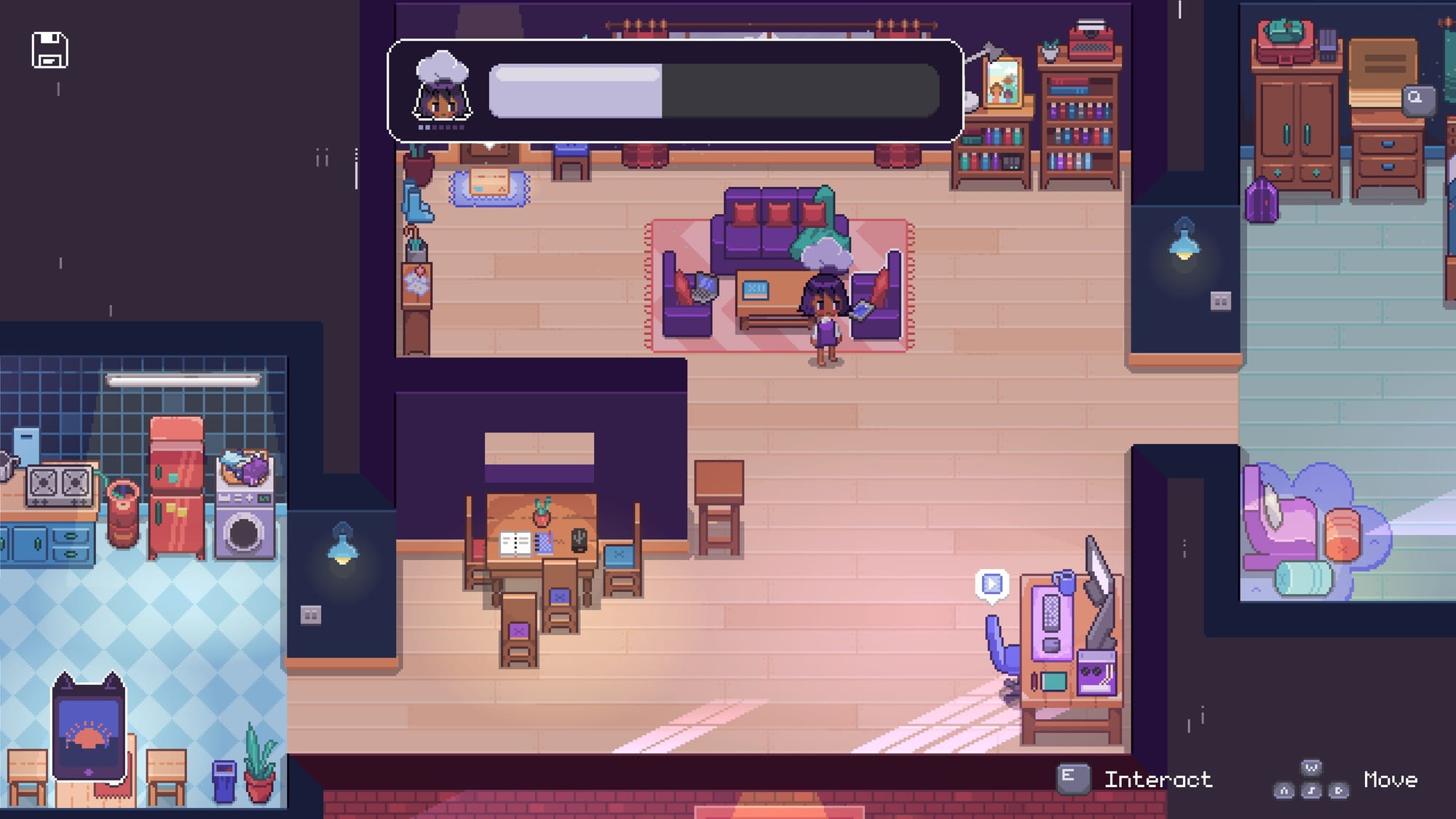 Alo stands in her room with wooden floors beside a purple couch and side table. At the top of the screen, a purple energy meter is about 75% depleted, next to a photo of Alo with a storm cloud over her head.