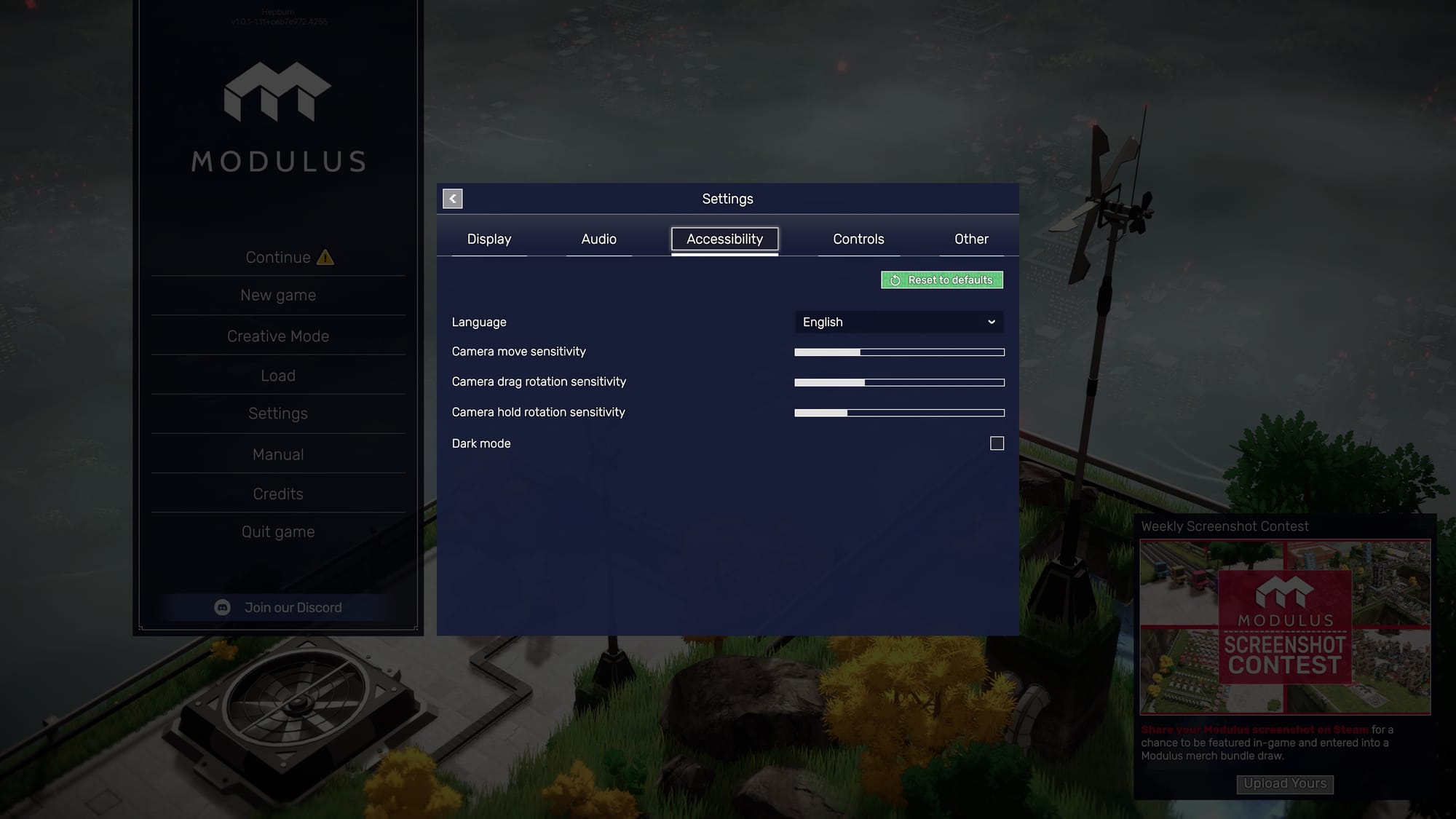Accessibility menu with options for language selection, camera move sensitivity, camera drag sensitivity, camera hold sensitivity, and dark mode toggle.