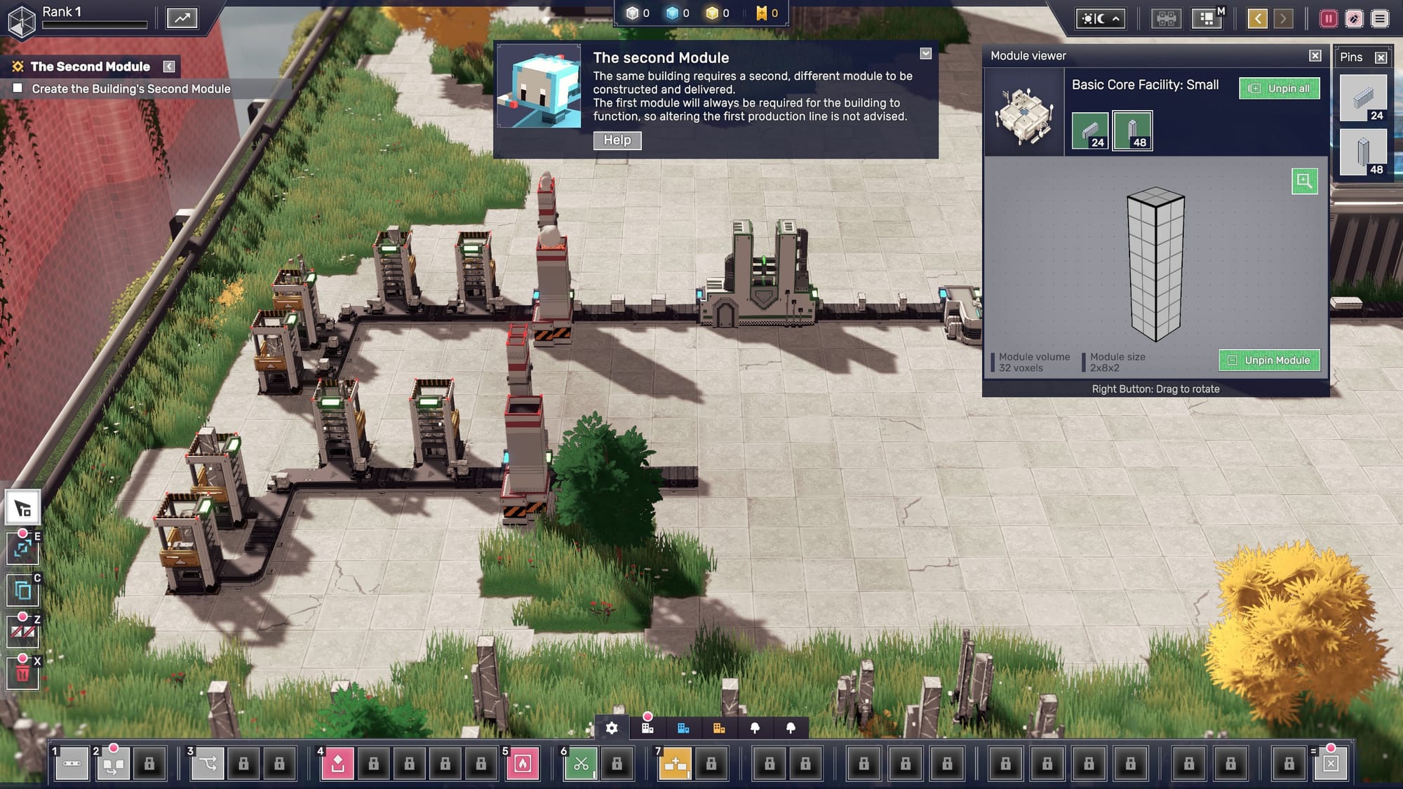 Atlas, the friendly blue robot, instructs the player: "This building requires a second, different module to be constructed and delivered. The first module is essential for the building to function, so avoid altering the first production line."
