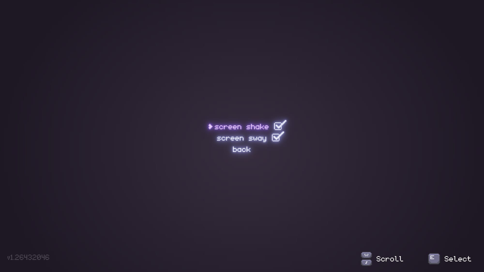 Settings menu on a purple background with toggle options for screen shake and screen sway.