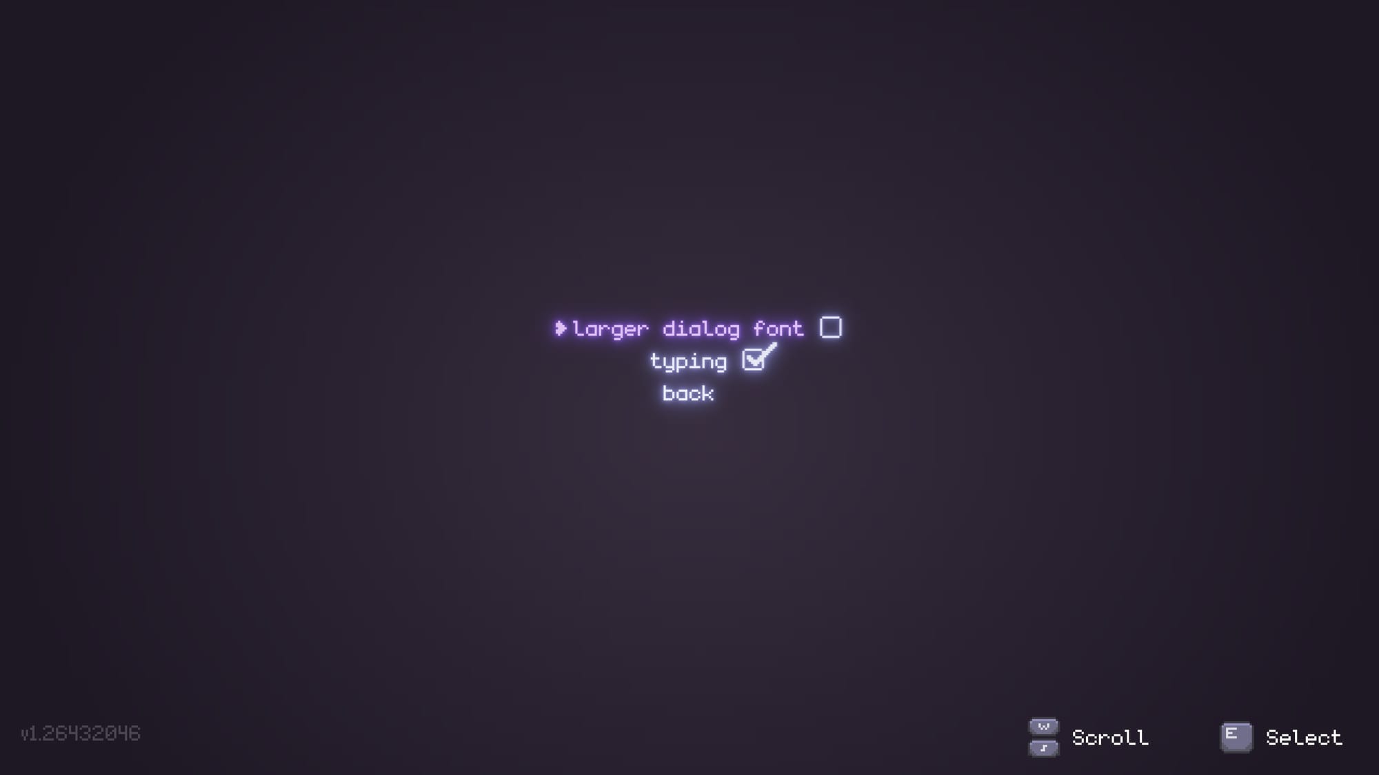 Settings menu on a purple background with toggle options for larger dialogue font and typing.
