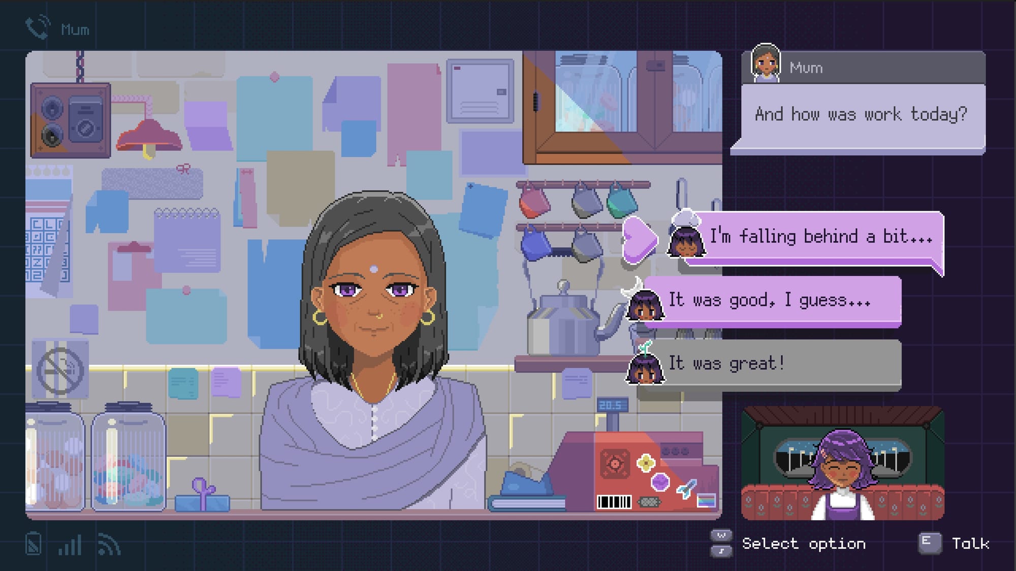 Alo video-calls her mother, a brown woman with purple eyes wearing a purple shawl, speaking from her storefront. Alo appears in a corner from inside a car. The mother asks, “And how was work today?” Three dialogue options are shown: “I’m falling behind a bit…,” “It was good, I guess…,” and a greyed-out “It was great!”