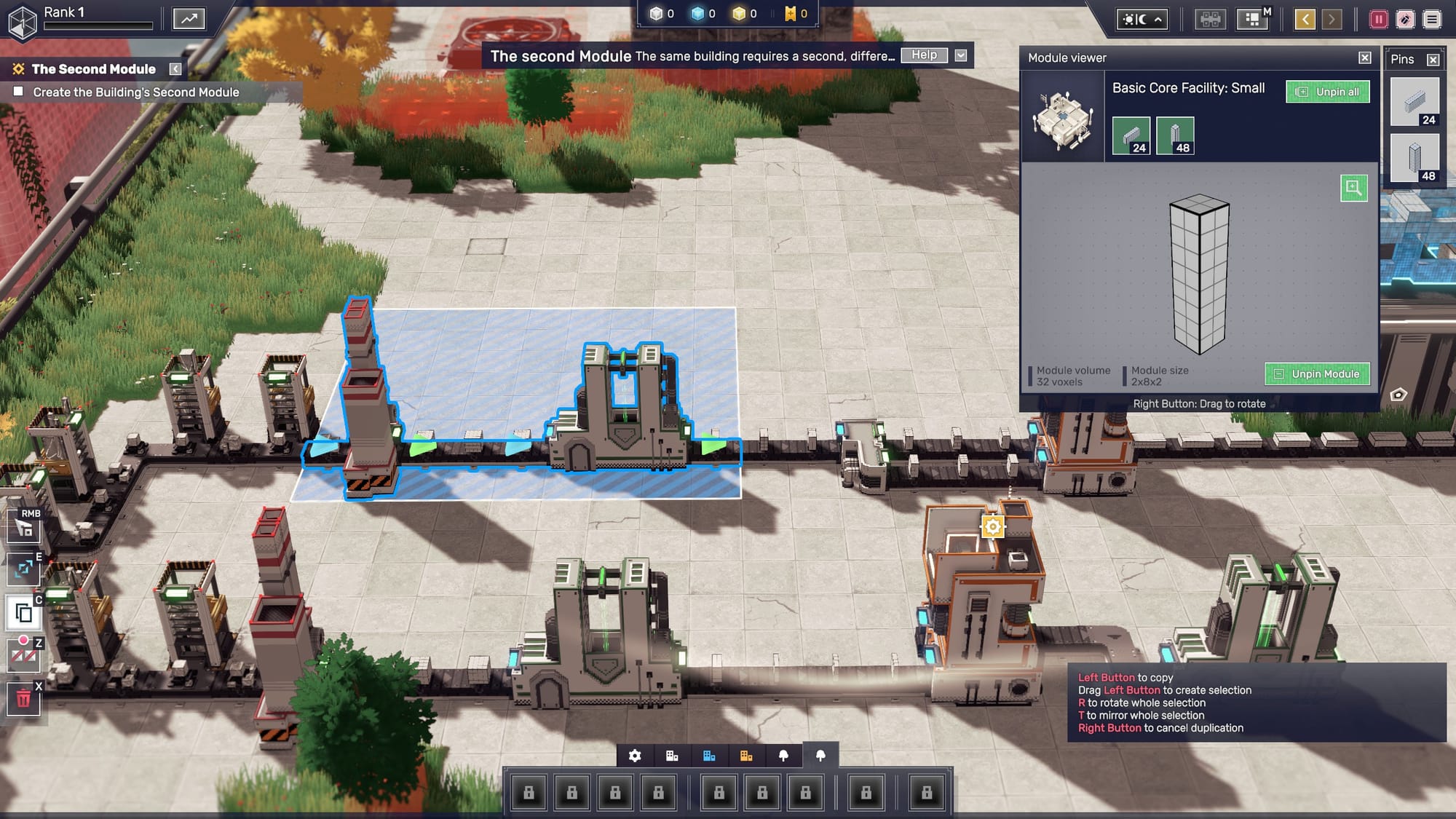 In-game screenshot: cursor hovers over a blue section of a conveyor belt, with green arrows indicating block movement direction. A module viewer in the corner displays a blueprint for a long block the player must build.