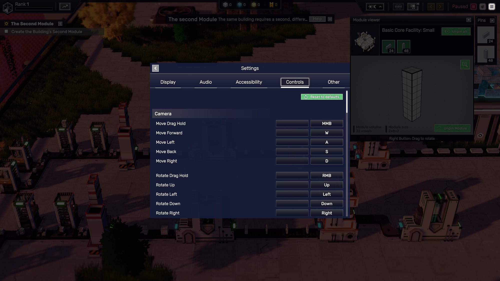 Controls settings menu displaying remappable key-bindings for camera hold, forward, left, back, right, and rotation.